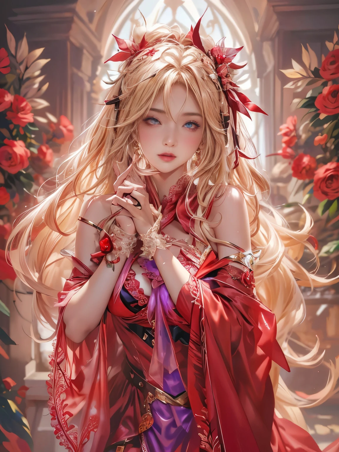 Ultra-high resolution, highest quality, photograph, 4K, (Realistic:1.4), Girl with a wreath on her head, Long Blonde Hair, Big firm Breasts, hard nipples, Sexy, Sharp Eyes, Break, dynamic sexy poses, sweat, wearing (red:1.2) see-through long frilly dress, lace long cape, jewelries, cleavage is exposed, Add light purple and purple, Add Light Red, Intricate details, Splash screen,
