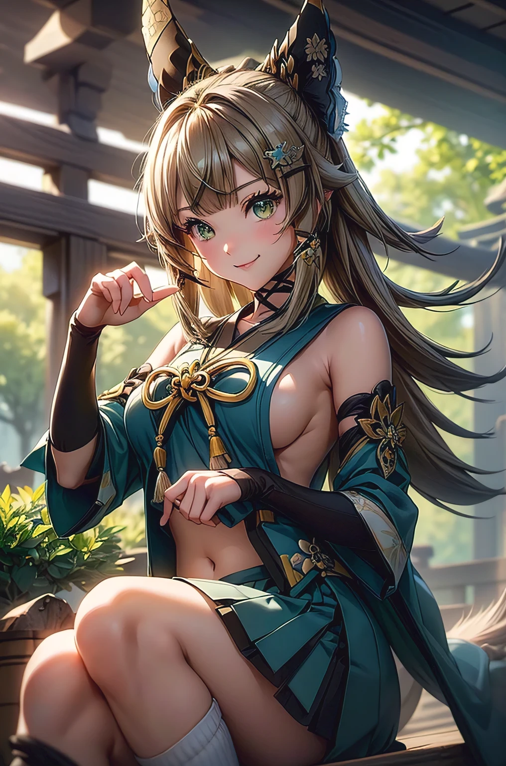 ((kiraradef)):1.5,((masterpiece,highest quality,Highly detailed images,Beautiful images、Realistic、Photorealistic、2.5D))(kirara images,Japanese garden、Ornamental pond、Fun pose、Bright natural light throughout、Backlight、A fantastic atmosphere、Dust flutters)1.3,(Close-up image of kirara)、(medium breasts、underboob or sideboob, Exposing shoulders、Exposing your belly):1.2(smile)1.1(Remodeling Kimono、Separate top and bottom、Knee-high socks、Absolute area)