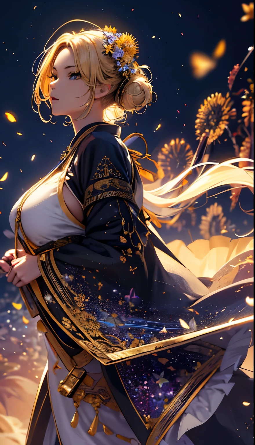 masterpiece, high quality, 4K, Beautiful design, silhouette,blonde, 非常に詳細な夜のStarry Sky,Flower Field, wonderful, Finer details, Very knowledgeable woman, Highly detailed solo, 1 female,Big Breasts,Ram Spirit,Aries pattern night view,Starry Sky,Fireworks in the background,