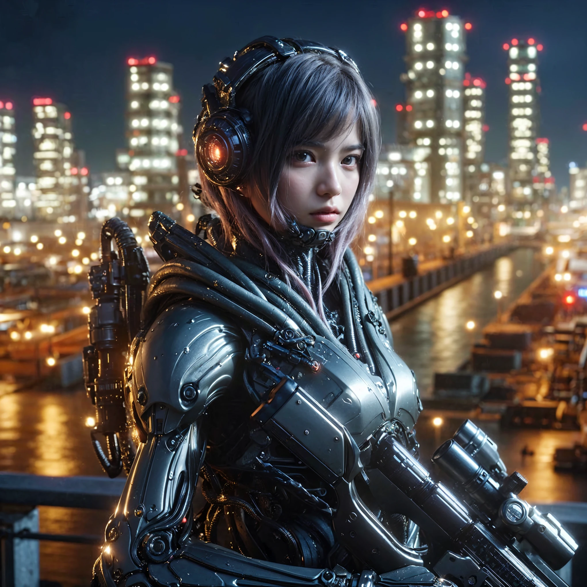 (Very intricate details)、(Extremely realistic texture) 、gloss々Texture、Squid-like raw material designed by Hajime Katoki々New Bio Insect Armor、1 person、Beautiful female soldier、Heavy Armor、Firearms、Backpack Weapons、Ultra-realistic、Full Body Shot、Night view of the bayside industrial area、Cinematic lighting