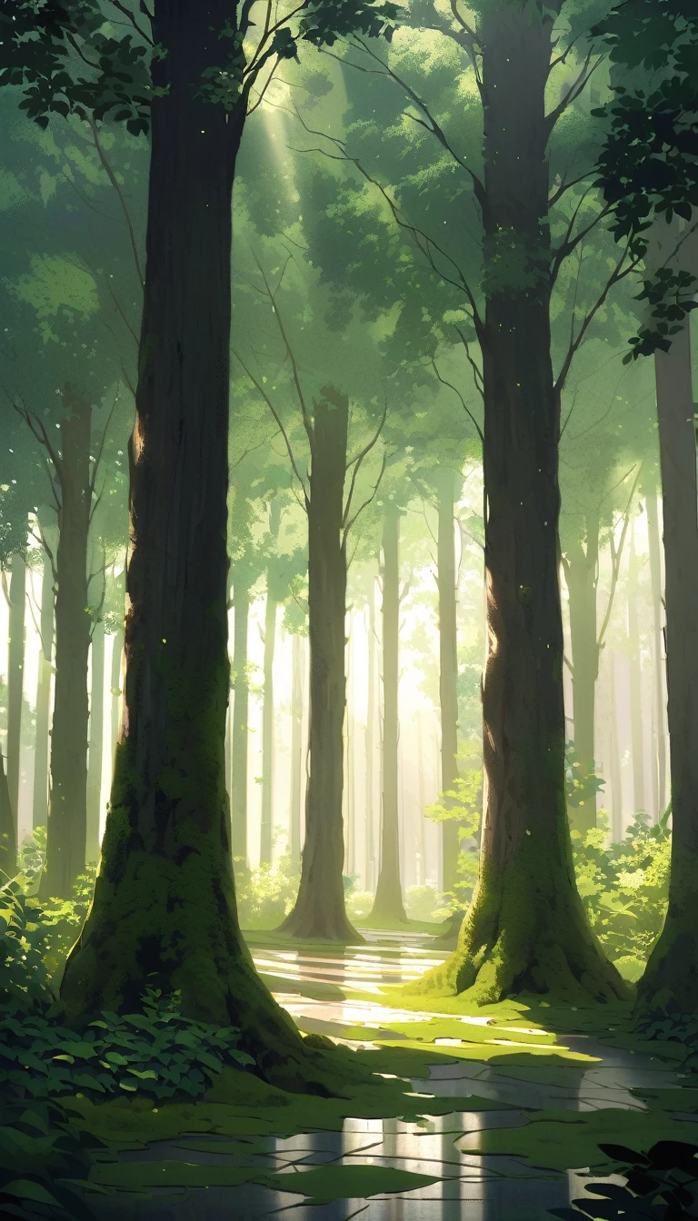 "A cinematic setting of a dense forest is portrayed with rich detail. The lush, dense vegetation creates an atmosphere of mystery and beauty. Tall, leafy trees intertwine to form a verdant canopy that filters sunlight, creating patterns of shadow and light on the moss-covered floor. The air is damp and filled with earthy, vegetal aromas. Sun filtered through the leaves creates a play of light and shadow, highlighting the texture of the leaves, branches and tree trunks. The scene conveys a feeling of serenity and connection with nature, inviting the viewer to get lost in the beauty of the forest."