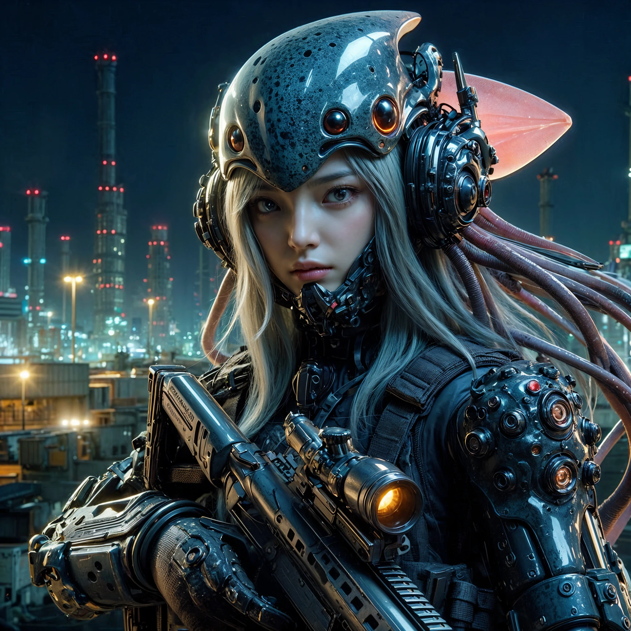 (Very intricate details)、(Extremely realistic texture) 、gloss々Texture、Squid-like raw material designed by Hajime Katoki々New Bio Insect Armor、1 person、Beautiful female soldier、Heavy Armor、Firearms、Backpack Weapons、Ultra-realistic、Full Body Shot、Night view of the bayside industrial area、Cinematic lighting