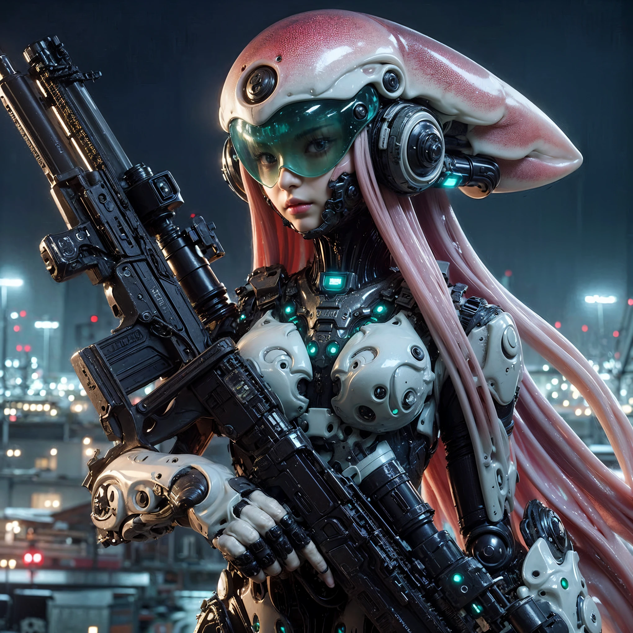 (Very intricate details)、(Extremely realistic texture) 、gloss々Texture、Squid-like raw material designed by Hajime Katoki々New Bio Insect Armor、1 person、Beautiful female soldier、Heavy Armor、Firearms、Backpack Weapons、Ultra-realistic、Full Body Shot、Night view of the bayside industrial area、Cinematic lighting