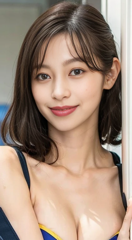 (masterpiece:1.3), (8k, Photorealistic, Raw photo, Best image quality: 1.4), Japanese 、(Random Hairstyles:1.2)、Cleavage:1.2、Super detailed face、Attention to detail、double eyelid、Put your chest together、Sharp focus:1.2、Beautiful woman:1.4、Light brown hair、highest quality、masterpiece、超A high resolution、(Photorealistic:1.4)、Highly detailed and professionally lit smile、((Swimwear))、thin、Serious expression、Short-haired、Deadly position、I can see your chest、((big))、bus、((Grab it yourself))