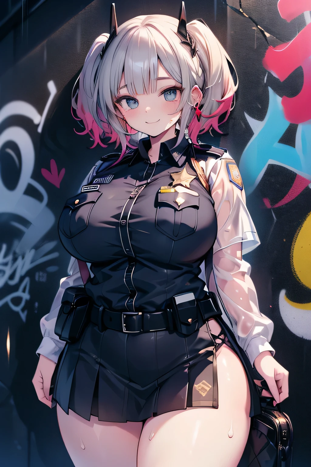 Anime illustration、highest quality、Uplifting、Patrolling downtown in heavy rain、A wall covered in graffiti paint、smile、Plump Gal Police Officer、Miniskirt Police、Perfect proportions、Very large breasts、Fatty legs、Clear eyes、Sweaty、Cowboy Shot