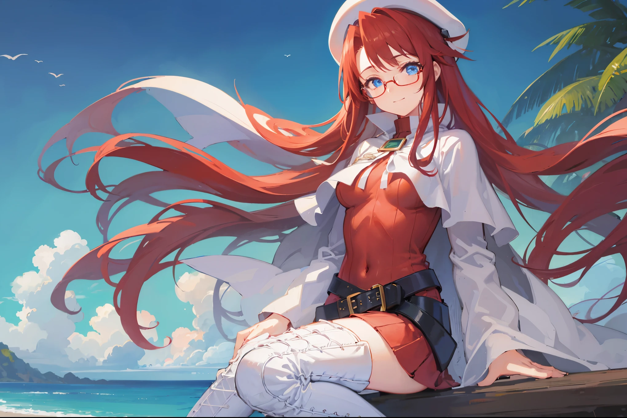summonnightaty, aty, (young:1.3),long hair, blue eyes, red hair, big_berets, hat, glasses,
BREAK long hair, thighhighs, hat, dress, naked_legs, glasses, belt, cape, sweater, zettai ryouiki, beret, thigh boots, white footwear, ribbed sweater, loose belt,solo,
BREAK outdoors, fantasy,on_beach,
,Highquality_hads,perfect_fingers,
BREAK (masterpiece:1.2), best quality, high resolution, unity 8k wallpaper, (illustration:0.8), (beautiful detailed eyes:1.6), extremely detailed face, perfect lighting, extremely detailed CG, (perfect hands, perfect anatomy),covered_nipples,covered_navel ,half_eyes,long_sword,sleepy,standing,red_sweater,apart_knees,magical_effect,spread_legs, have_a_book,teacher,rise_knee,Smile,rise_hand,look_down_viewer,spread_arms,sea_waves,looking_into,blue_sky,sitting