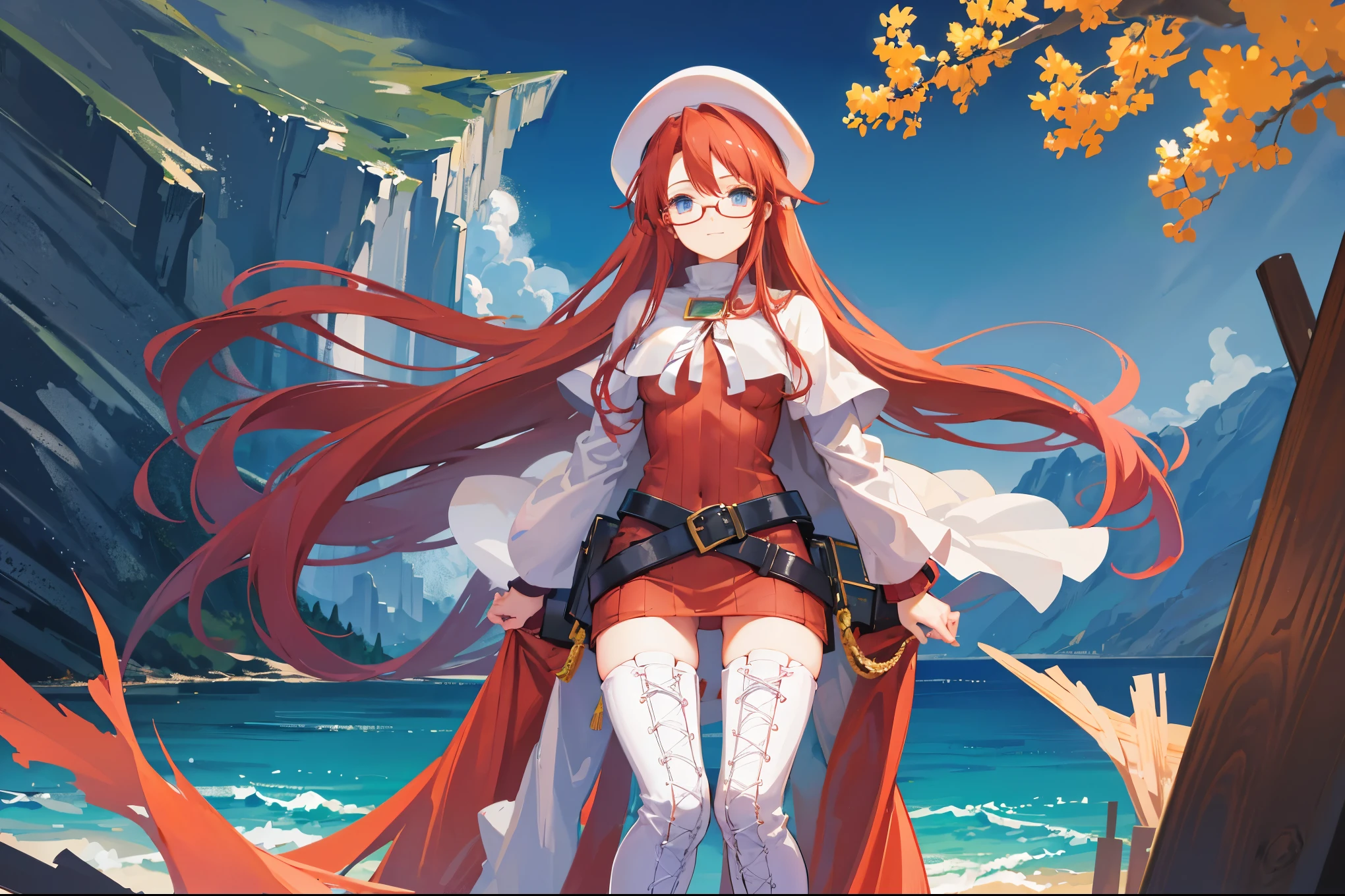 summonnightaty, aty, (young:1.3),long hair, blue eyes, red hair, big_berets, hat, glasses,
BREAK long hair, thighhighs, hat, dress, naked_legs, glasses, belt, cape, sweater, zettai ryouiki, beret, thigh boots, white footwear, ribbed sweater, loose belt,solo,
BREAK outdoors, fantasy,on_beach,
,Highquality_hads,perfect_fingers,
BREAK (masterpiece:1.2), best quality, high resolution, unity 8k wallpaper, (illustration:0.8), (beautiful detailed eyes:1.6), extremely detailed face, perfect lighting, extremely detailed CG, (perfect hands, perfect anatomy),covered_nipples,covered_navel ,half_eyes,long_sword,sleepy,standing,red_sweater,apart_knees,magical_effect,spread_legs, have_a_book,teacher,rise_knee,Smile,rise_hand,look_down_viewer,spread_arms,sea_waves,looking_into,blue_sky,sitting