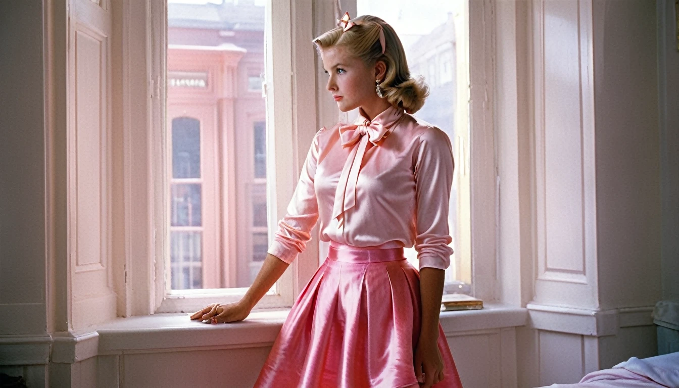 By slim aarons, isometric view of a incredibly cute young viktorian woman wearing a pink satin skirt with silky satin bow collar blouse, glossy fabrics, glowneon, Bedroom, window, indian summer, warm lightning, (copper-blonde hair:1.1), Empire, [skirt copper: -1]
