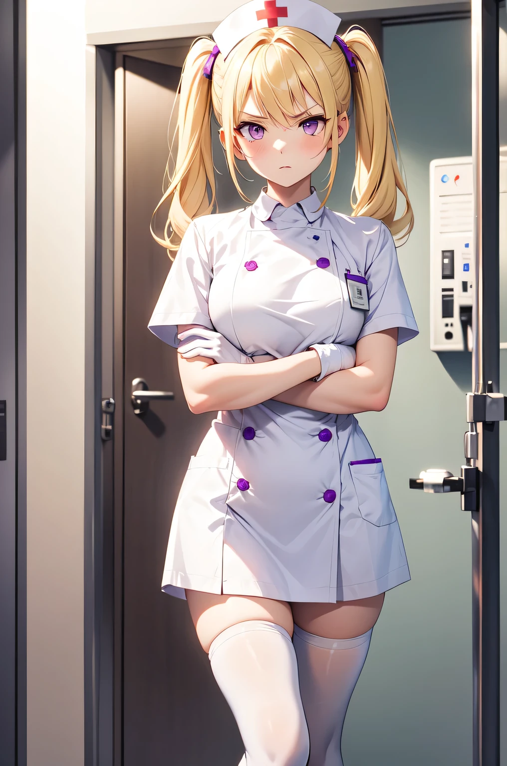 1girl, solo, nurse, nurse cap, white nurse uniform, ((white legwear, zettai ryouiki)), white gloves, twintails, yellow hair, purple eyes, angry, crossed arms, standing, ((hospital room)), sharp outline, short sleeves, best quality, masterpiece