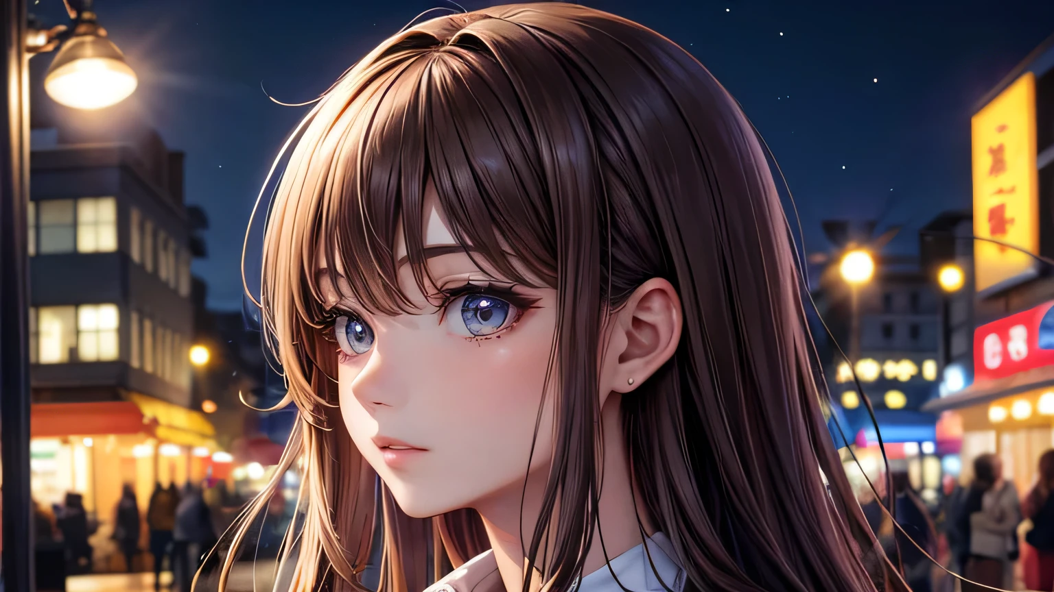 One woman : 1.3, Light brown hair: 1.2, , night: 1.2,night,Night Town: 1.1, Ultra-high resolution, Accurate, Super detailed, Textured skin, High detail, highest quality, 8k,Thin bangs,Upper Body,Well-drawn eyes, Focus on the face,Oversized shirt,Detailed hair depiction,Detailed depiction of eyes、Detailed depiction of hair、Street lamp、Night Town、profile