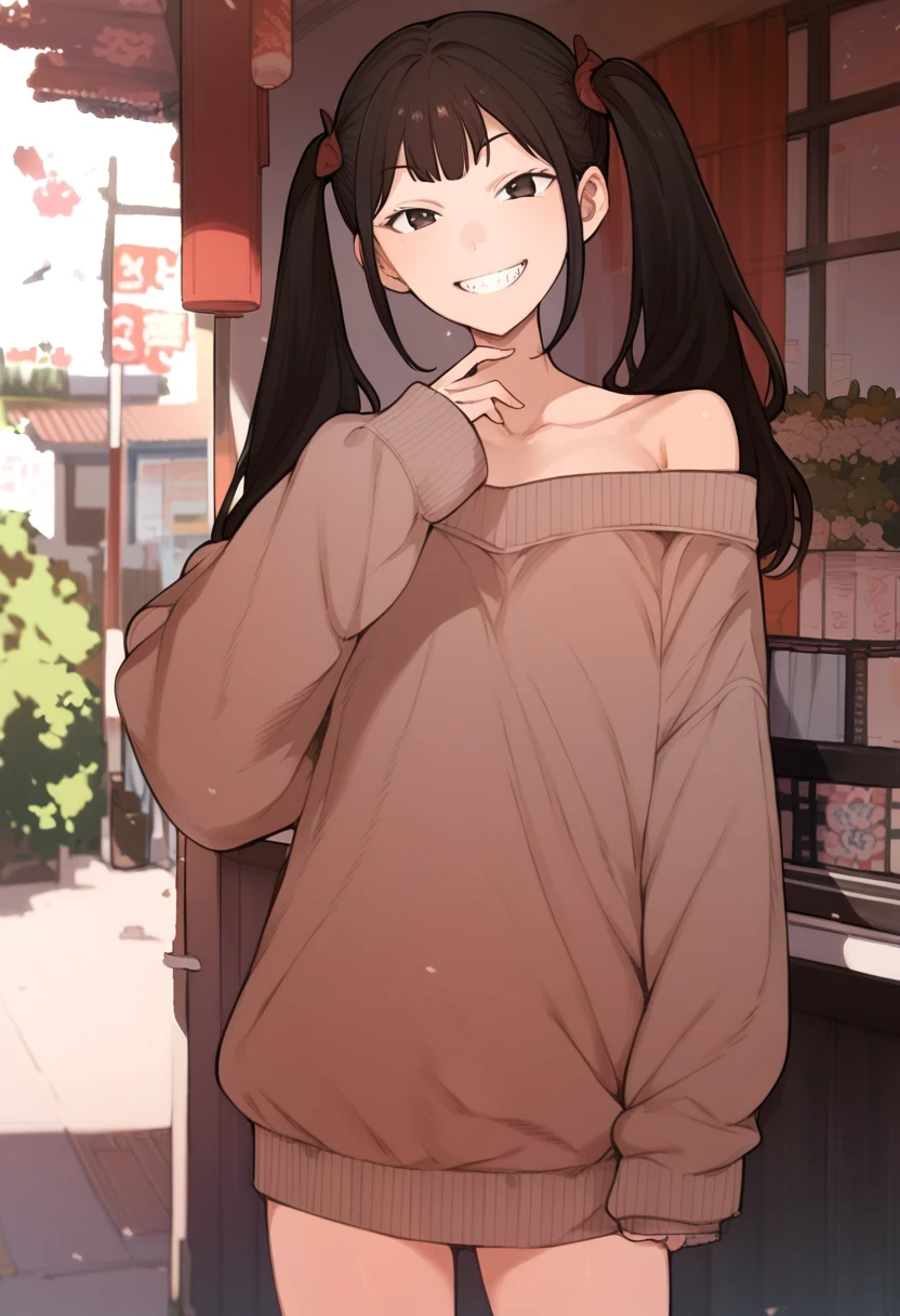 score_9, score_8_up, score_7_up, uncensored, 1girl, ,looking at viewer, standing, cowboy shot, black hair, rating: general, twintails, smile, off-shoulder_sweater, miniskirt, outdoors, grin