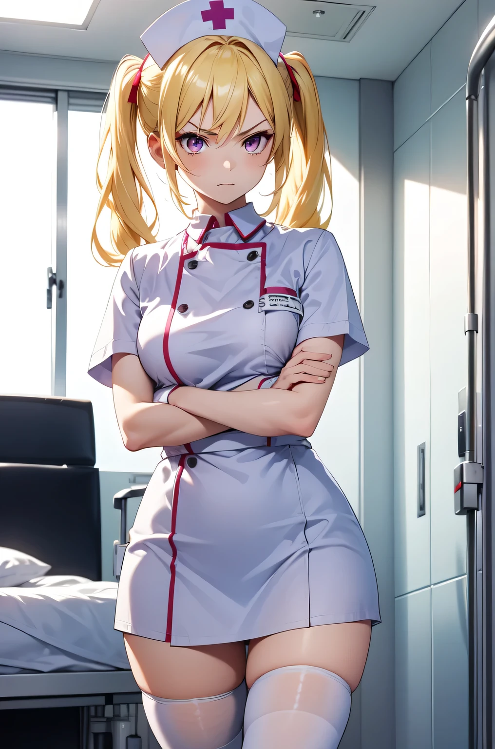 1girl, solo, nurse, nurse cap, white nurse uniform, ((white legwear, zettai ryouiki)), white gloves, twintails, yellow hair, purple eyes, angry, crossed arms, standing, ((hospital room)), sharp outline, short sleeves, best quality, masterpiece