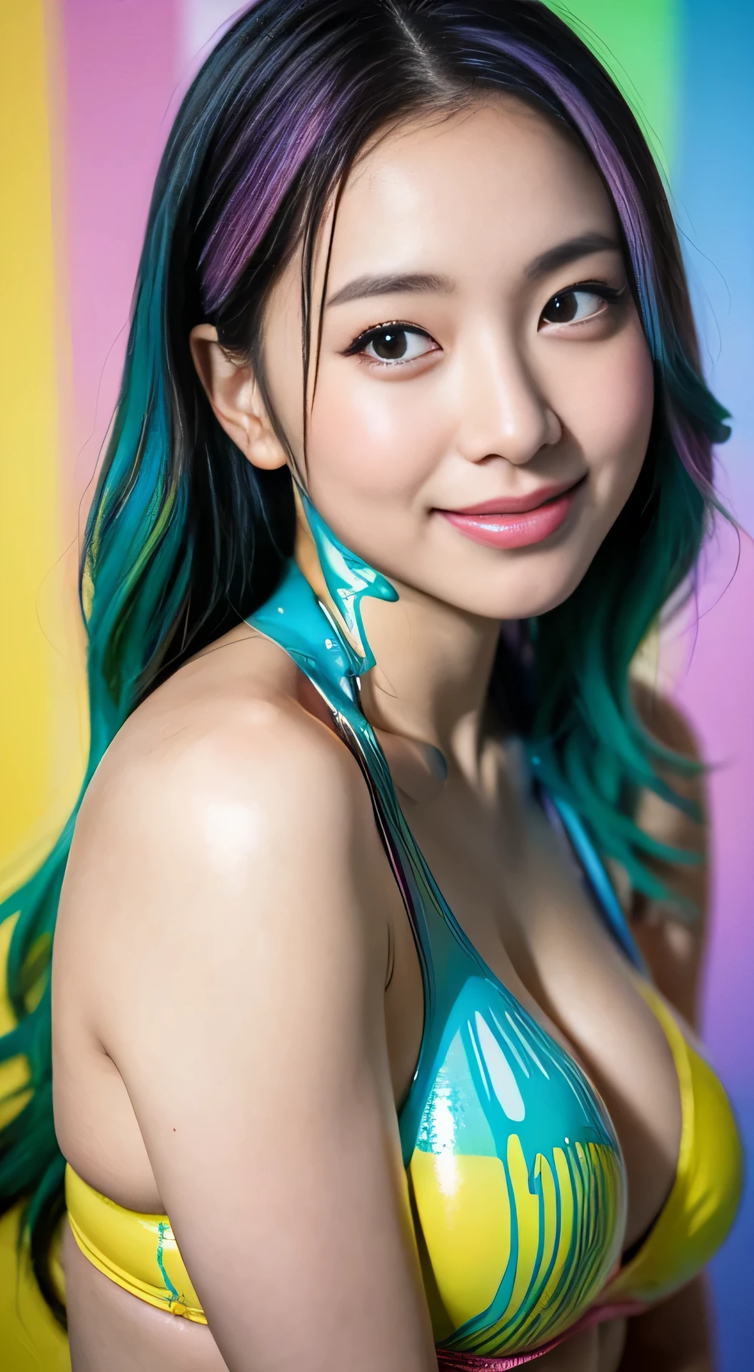 ((highest quality, 8k, masterpiece:1.3, 1 girl, beautiful girl)), High resolution, cute, dynamism, Detailed face, Detailed skin, Fine grain, Detailed lips, Realistic, RAW Photos, Natural light, Perfect Anatomy, Dynamic pose, Toned Legs, double eyelid, Tear bags, Round eyes, Moist lips, (Colorful body, Colorful liquid on the body:1.2), Colorful Hair, Rainbow Hair, Colorful background, Japanese Girls, View Viewer, Exposing shoulders, Cowboy Shot, Sweaty, smile, Liquid Art, Cum on my chest, Pee, Firm Abdomen, Open your mouth, Half closed eyes, Nipple Shape, Side bust, Underarm, Breasts are separated,Open legs