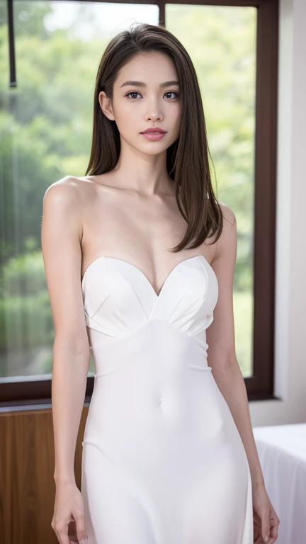 Fashion model 18 years old， [[[[closeup ]]]], [[[[boobgasm, [[[[coll]]]], [[[[bshoulders]]]], perfect  eyes, Perfect iris，perfect lips，perfect teeth，Perfect Skin，with fair skin，slender nose，HighDynamicRange，Movie Girl，(s delicate face)，(Highly defined faces)，delicated face，(white wedding gown)，(Raised sexy)，inside room，Green trees outside the window，fresh flowers，4K Ultra HD, Ultra-high resolution, (realisticlying: 1.4), Best quality at best，tmasterpiece，（pastel colour：1.2）