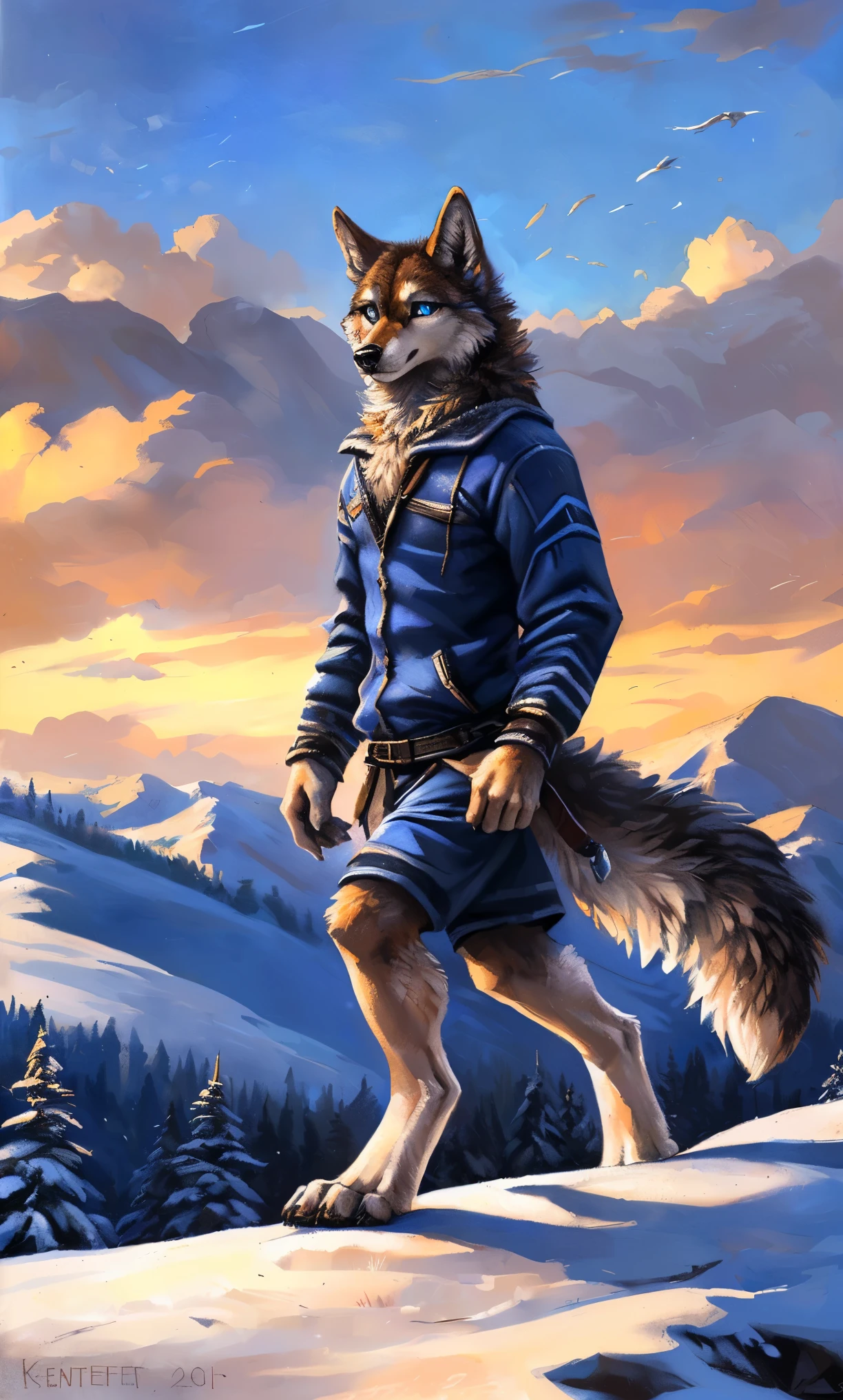 ((Solo)), male people, anthro wolf, (Multi-colored fur, White-brown:1.3,White tail pointed), (Height 2.1m,Tail length 1.2m), ((Wolf face, Big eyes, White eyelids, Blue pupil, Slim:1.2) (Tough, Calm expression:1.2)), Slim, pinging)), (Correct anatomy), (Winter clothing:1.1), The upper body naked, (detailed outfits),A long big tail,Feet,(Realistic fur, Detailed fur texture, labeled:1.3)), (Natural lighting), Photorealistic, Hyperrealistic, ultradetailed, by Kenket,Snowfield,erect through,Running on