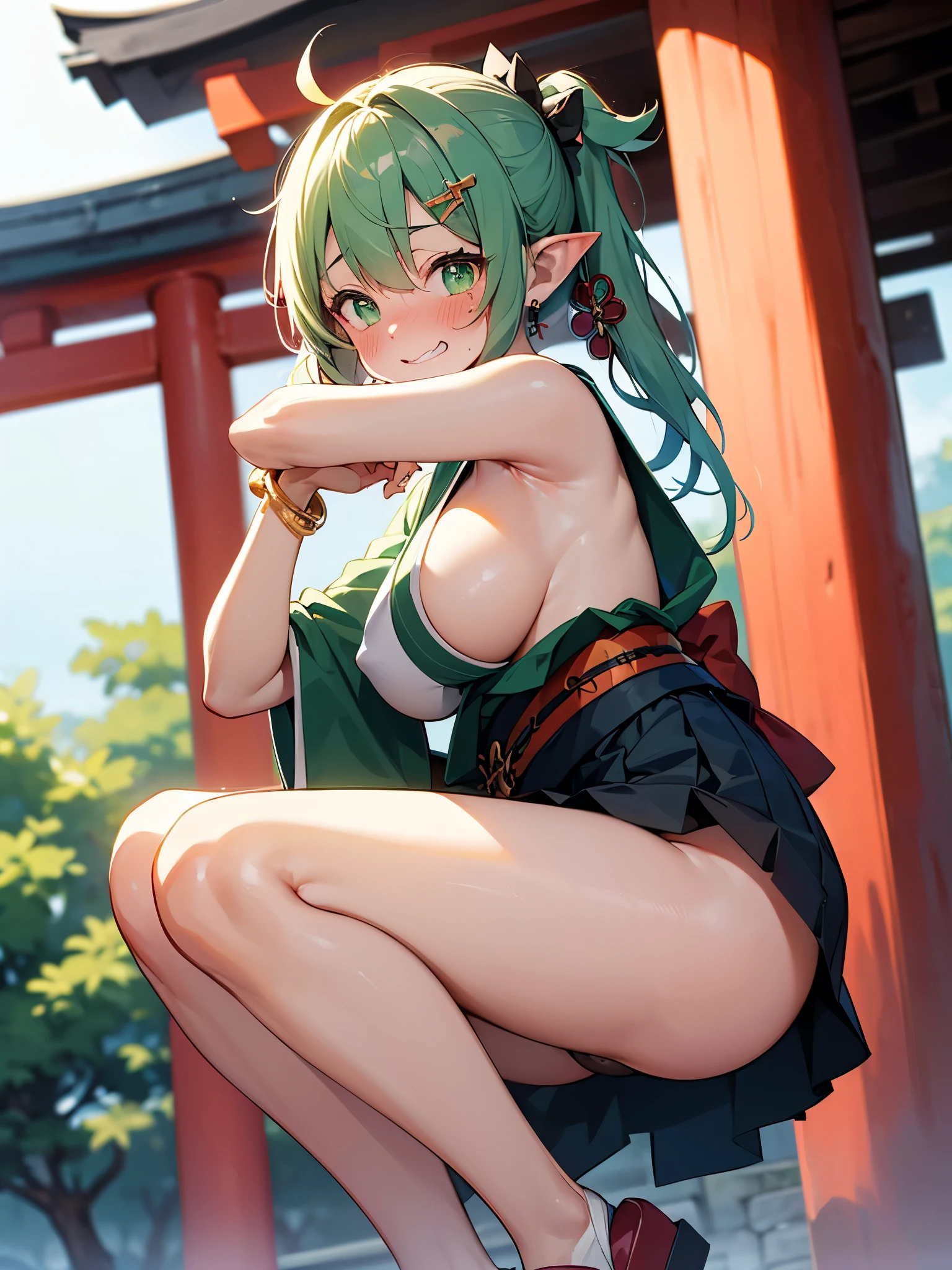 NSFW,Long Hair、Green Eyes、bangs、Pointed Ears、hair ornaments、White Hair、Symbol-shaped pupil、Multicolored Hair、Side Ponytail、Gradient Hair、Green Hair、Hair between the eyes、Cross-shaped pupil、smile、gem、葉っぱのhair ornaments、bracelet,Shrine maiden、kimono、Sleeveless,Hakama Short Skirt,(Sideboob:1.5),(Perfect hands),(Perfect Anatomy),(masterpiece),(highest quality),(Embarrassed:1.5),blush,Shy laugh,shrine,torii,Japanese style,Crouching with legs apart