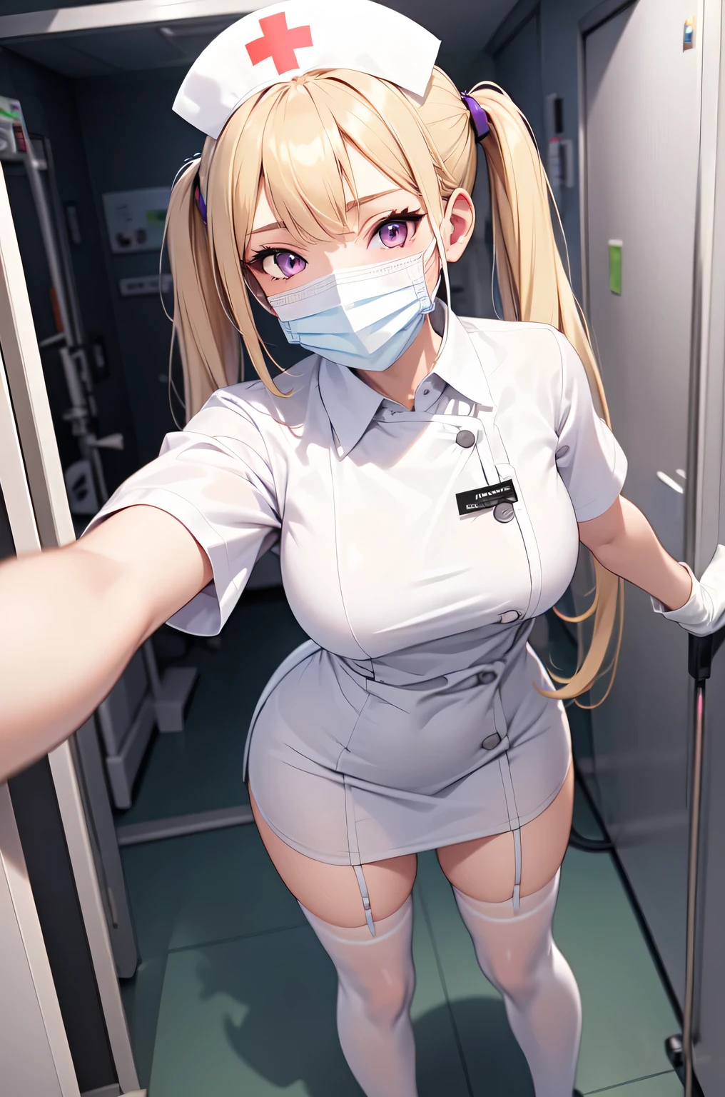 1girl, solo, nurse, nurse cap, white nurse uniform, ((white legwear, zettai ryouiki)), white gloves, twintails, yellow hair, purple eyes, ((white surgical mask, covered nose)), standing, ((hospital room)), sharp outline, short sleeves, best quality, masterpiece