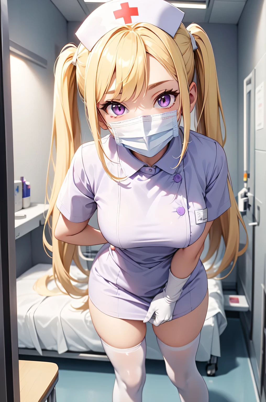 1girl, solo, nurse, nurse cap, white nurse uniform, ((white legwear, zettai ryouiki)), white gloves, twintails, yellow hair, purple eyes, ((white surgical mask, covered nose)), standing, ((hospital room)), sharp outline, short sleeves, best quality, masterpiece