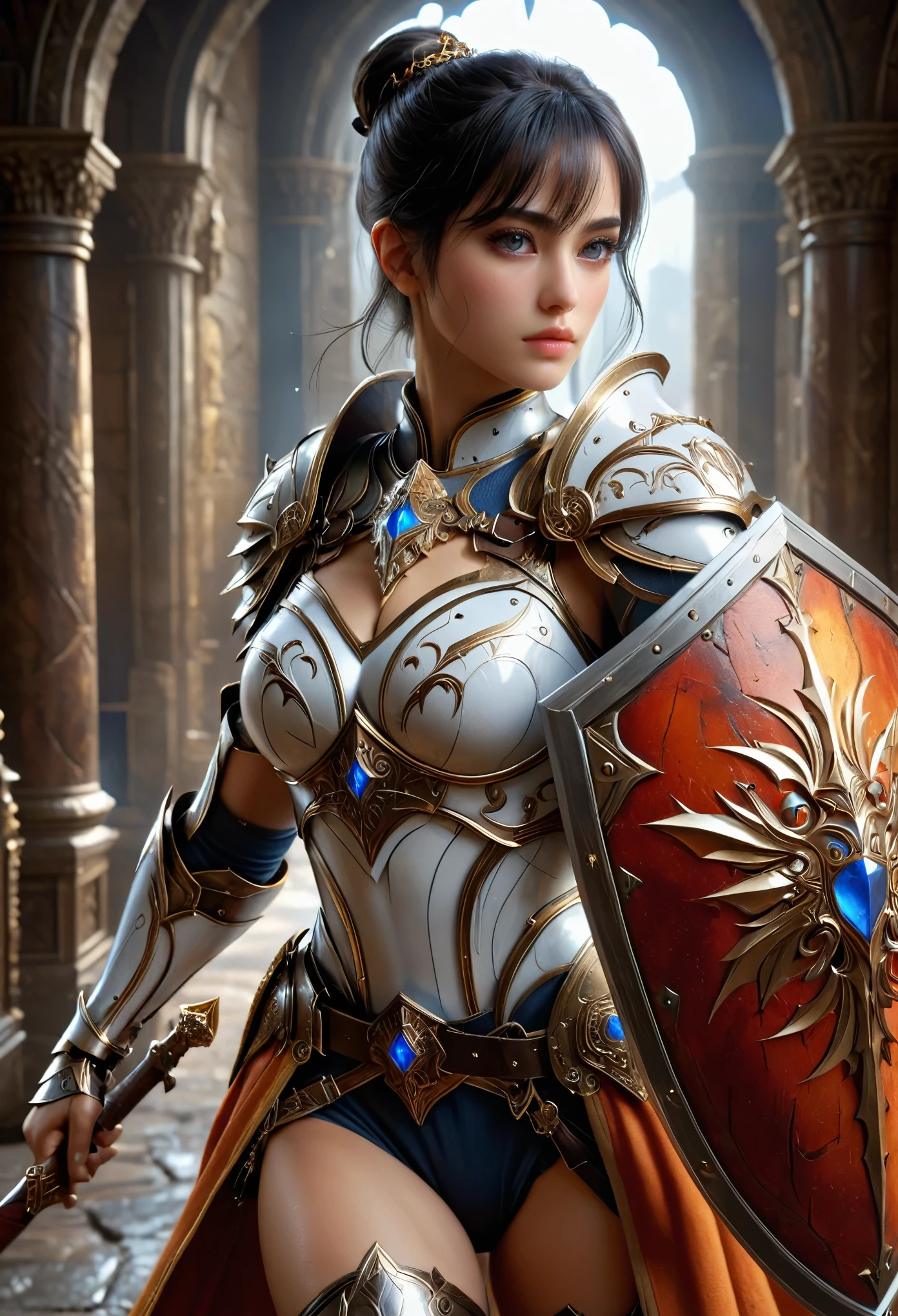 (best quality,4k,8k,highres,masterpiece:1.2),ultra-detailed,(Ultra-realistic, photorealistic,photo-realistic:1.37), the most beautiful girl in the universe, (holding a white and golden shield:1.5), (detailed shield:1.4), toned, muscular, the most beautiful face, long eyelashes, detailed beautiful eyes, high nose, knight, medieval, fantasy, heroic, dramatic lighting, cinematic, epic, vibrant colors, highly detailed, 4k, photorealistic, concept art, pretty, detailed beautiful eyes, bun hair, jet black hair, whole body, full body, Beautiful jeweled buckle, (Well-trained thick muscular thighs:1.4), super detailed skin texture, moist skin, Eyes that hide a burning determination, Intricately designed armor bordered with intricate carvings, Intricately and fractal designed armor bordered with delicate carvings. Beautiful armor studded with Beautiful jewels. (transparent armor:1.3) red, orange, blue