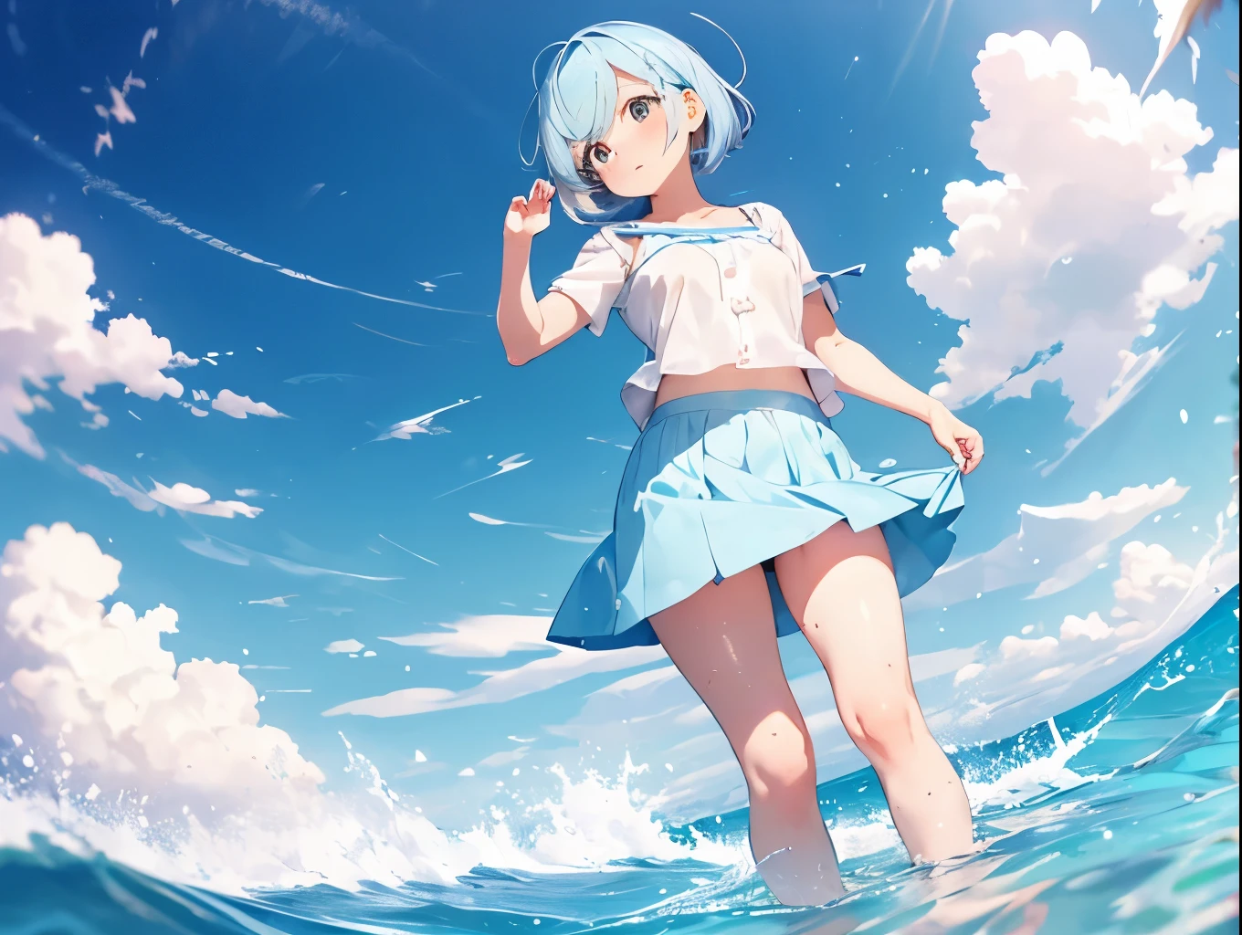 Short bob girl、A light blue bra clinging to a pure white dress shirt、A light blue mini skirt with cute white shorts that are lifted up、barefoot、Sandy beach, cumulonimbus clouds and blue sky、Low angle from directly below