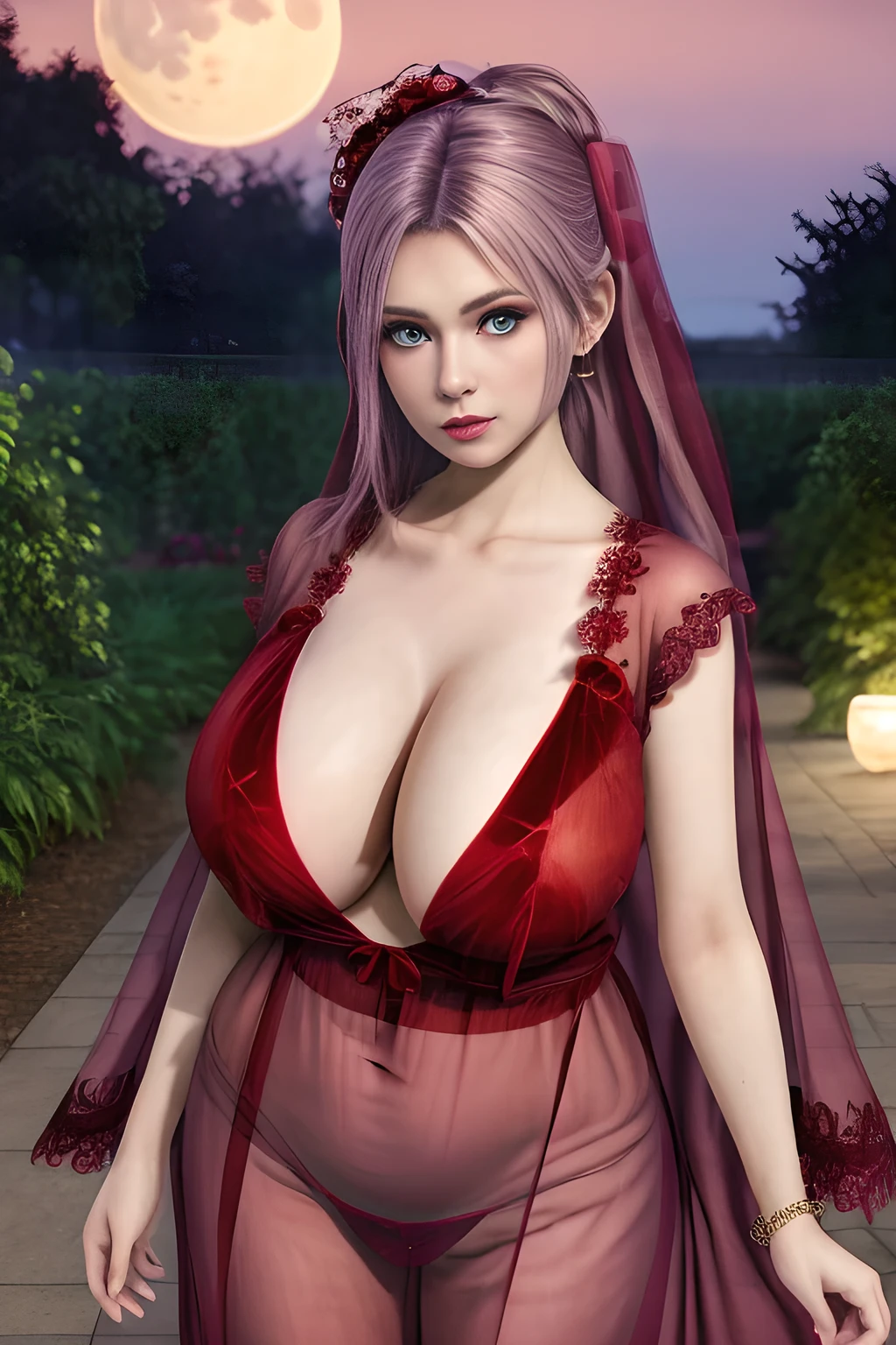 1girl,(RED theme: 1.2), (Sheer fabric pajamas: 1.2),(Velvet fabric robe: 1.2), (Ice flower Robe: 1.15), ,garden,moon,(huge breasts),lactating,(lip gloss),(masterpiece), best quality, (real life portrait photography:1.5),unltra detailed,8K,Shot with a professional-grade camera like the Nikon D850,every intricate detail is captured, from the subtlest expression to the glimmer of anticipation in her eyes,Focus on thighs and above,solo, elise,