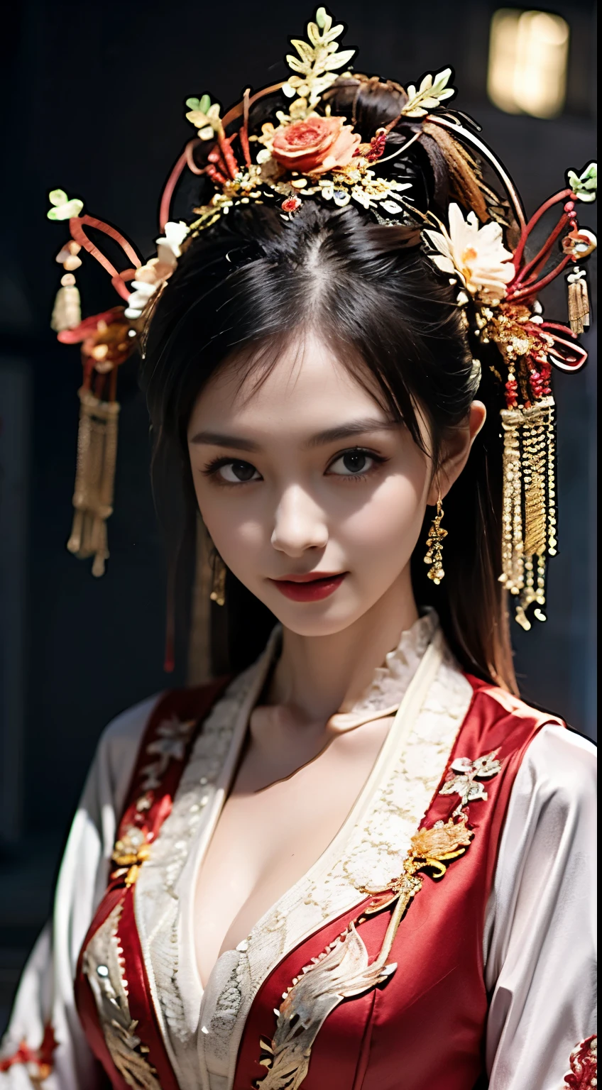 (Hyper-realistic 8K CG:1.2),perfect work of art,Exquisite pattern,Intricate details,(An unrivalled masterpiece,Best quality:1.2),(Extremely complex:1.2),woman in red and gold dress,Phoenix Coronet,Hairpin,(Sit on a red bed),cosmetic,blush,Very shy,Black_hair,look down,cosmetic,(Forehead Point),(2 red candles),Chinese_clothing,curtain,ear nipple ring,hair_decorate,Hanfu,inside the room, Jewel-like,Red nails,long_sleeve,Red Dress,Red lips,Nipple tassels,(Red quilt),(red palace:1.2),(Chinese Ancient Architecture),(rot:1.8),night,Perfect hands