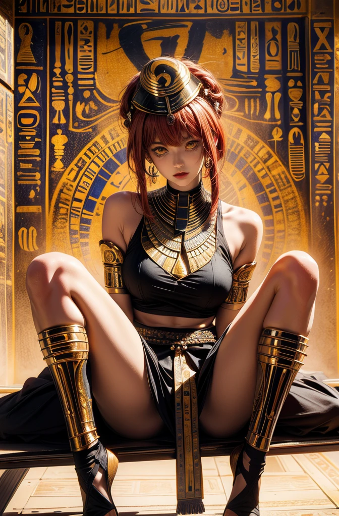 hight quality, masterpiece, 8k, 1 female, Makima, red hair, yellow eyes, beautiful face, perfect body, wearing Egypt style clothes, sitting, spread legs,(( Egypt style)), egypt background, dark color