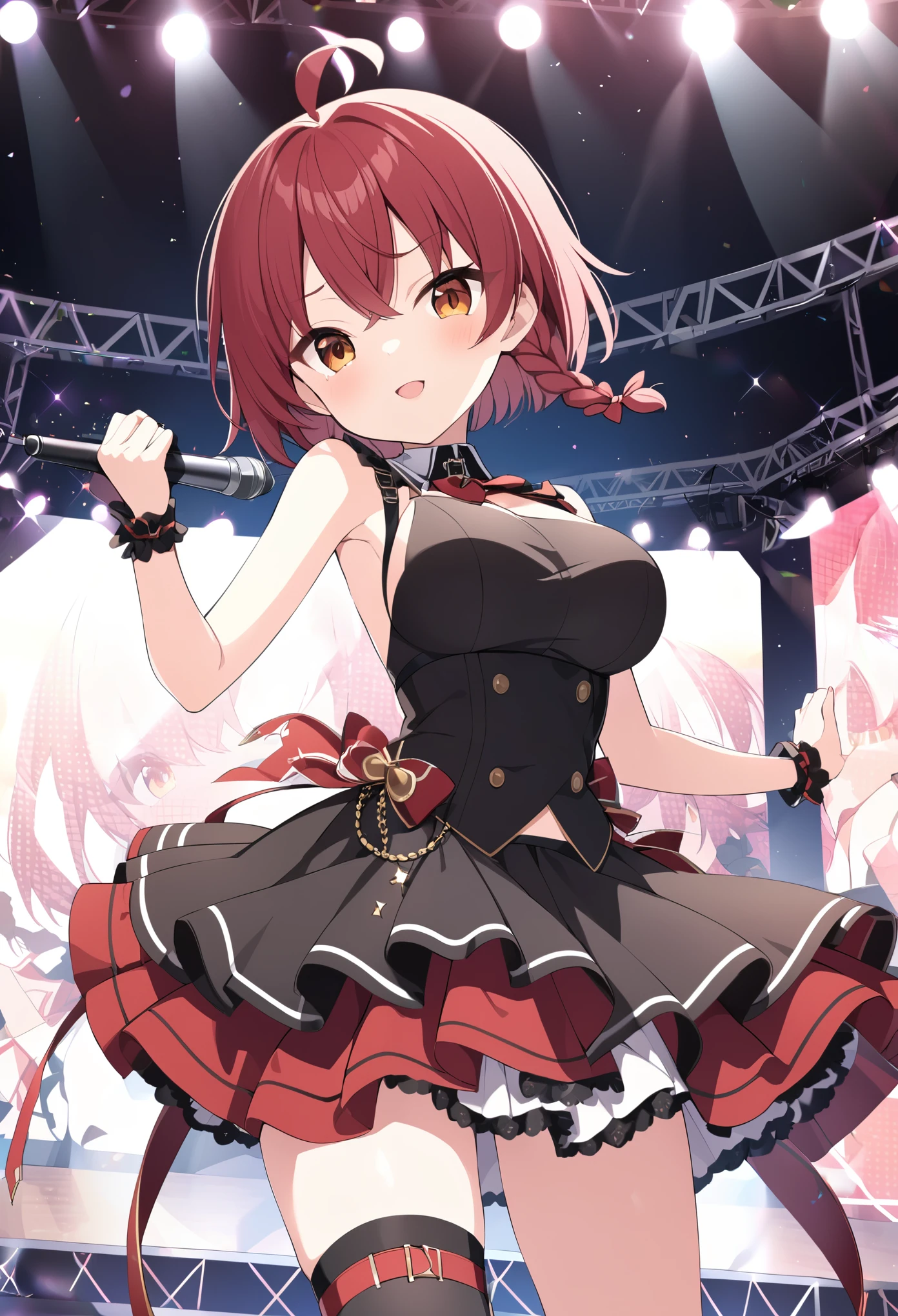 dark red hair, short hair, short braids, short ahoge, orange eyes,, large breasts,, Live Stage, solo