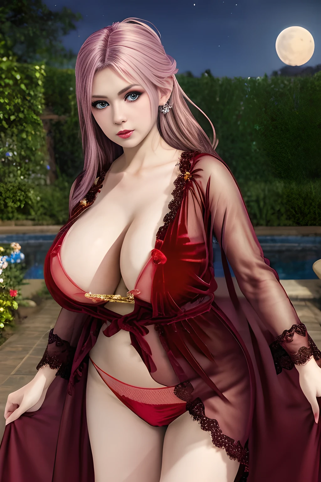 1girl,(RED theme: 1.2), (Sheer fabric pajamas: 1.2),(Velvet fabric robe: 1.2), (Ice flower Robe: 1.15), ,garden,moon,(huge breasts),lactating,(lip gloss),(masterpiece), best quality, (real life portrait photography:1.5),unltra detailed,8K,Shot with a professional-grade camera like the Nikon D850,every intricate detail is captured, from the subtlest expression to the glimmer of anticipation in her eyes,Focus on thighs and above,solo, elise,