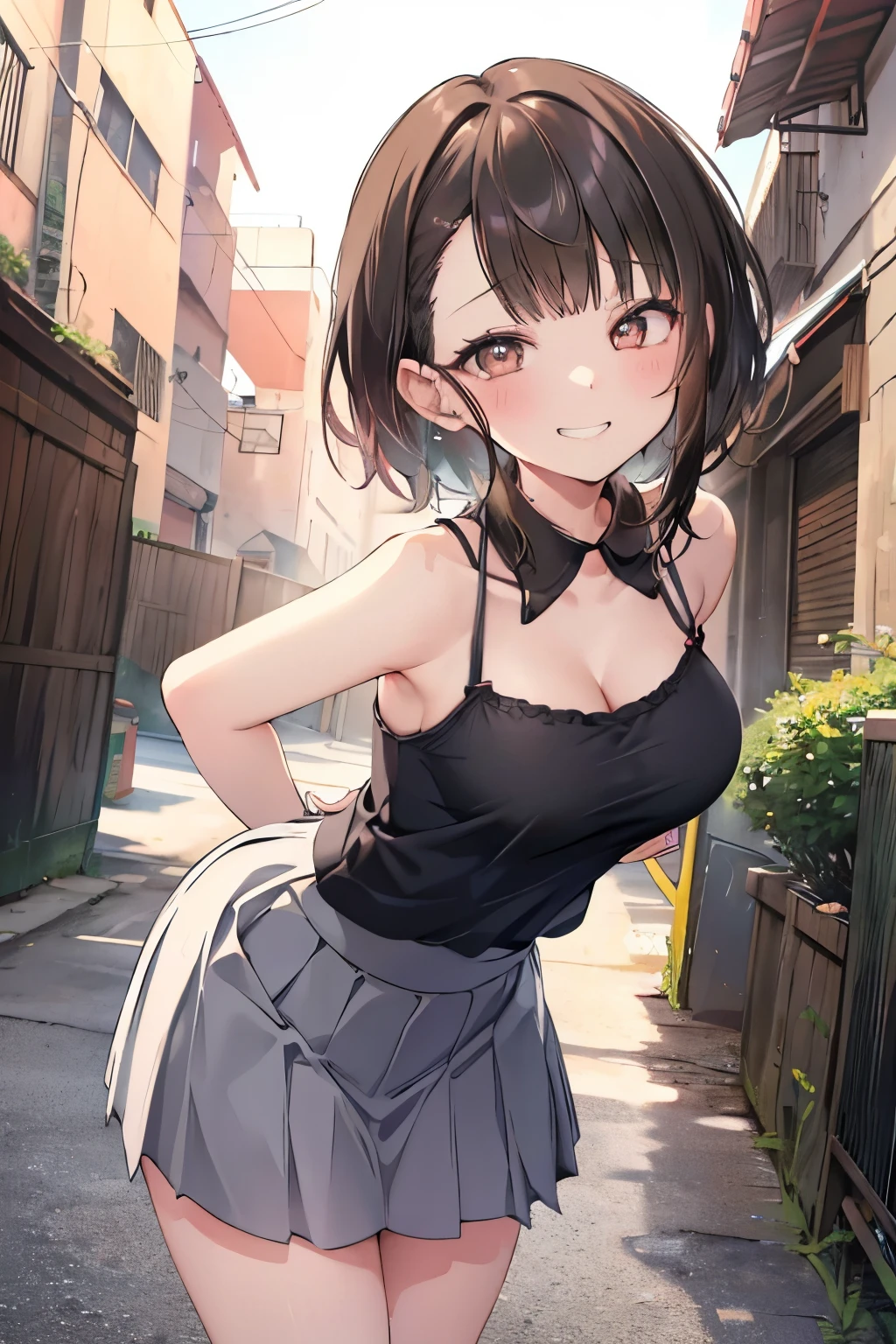 (8K、Highest quality、highest quality、masterpiece)、Detailed face、One girl、 Black Hair、short hair、、blunt bangs、Grey Eyes、evil smile、((Grin))、Small breasts、((camisole))、((skirt))、Cowboy Shot、((bent over))、Back Alley Background、Very large breasts、cheeks are bright red、Blushing、in trouble