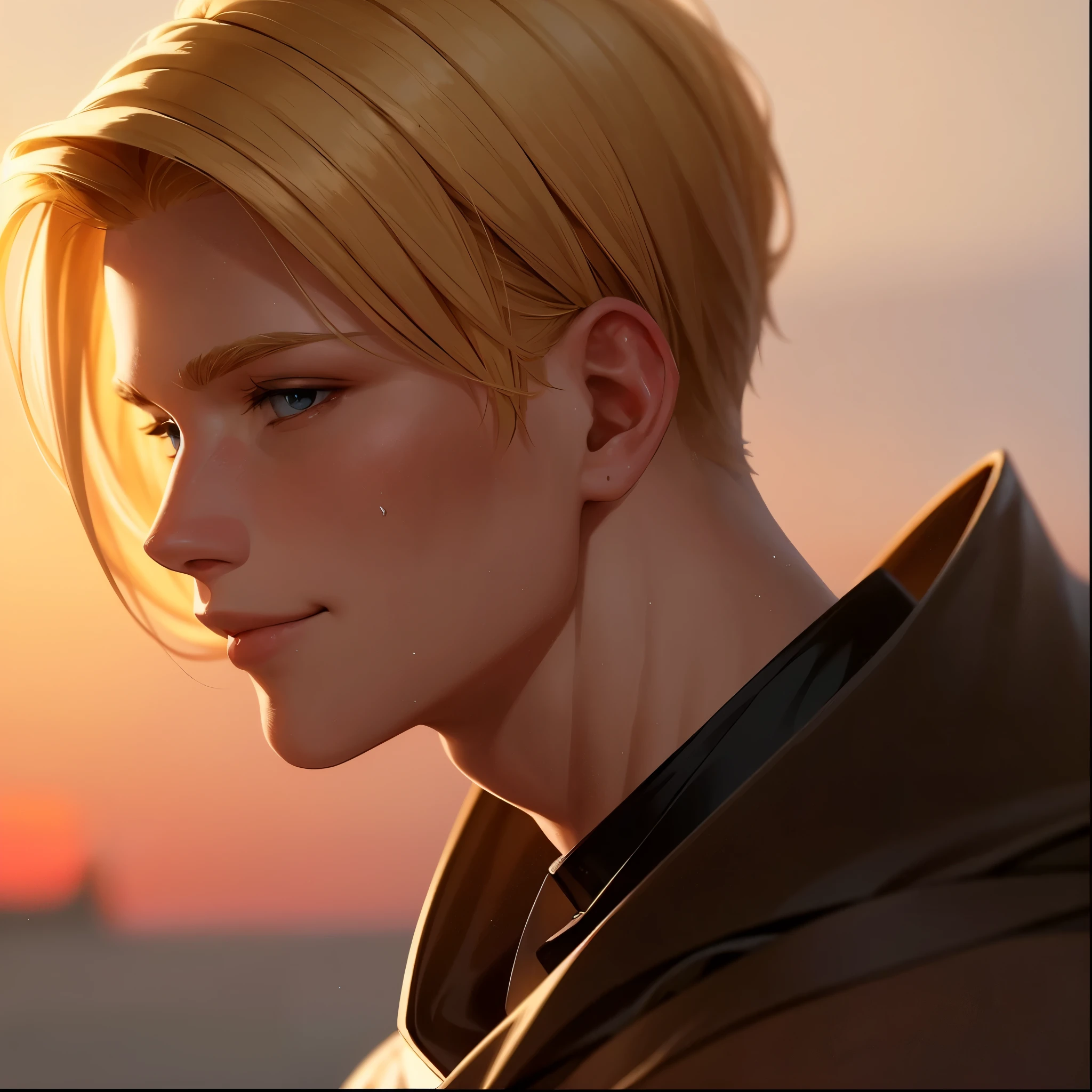 Blond man 18 years old with gray eyes Looks with a warm smile into the distance Middle Ages close-up sunset background high quality masterpiece dramatic lighting, perfect face, face profile, Wavy hair, Wavy hair!!!