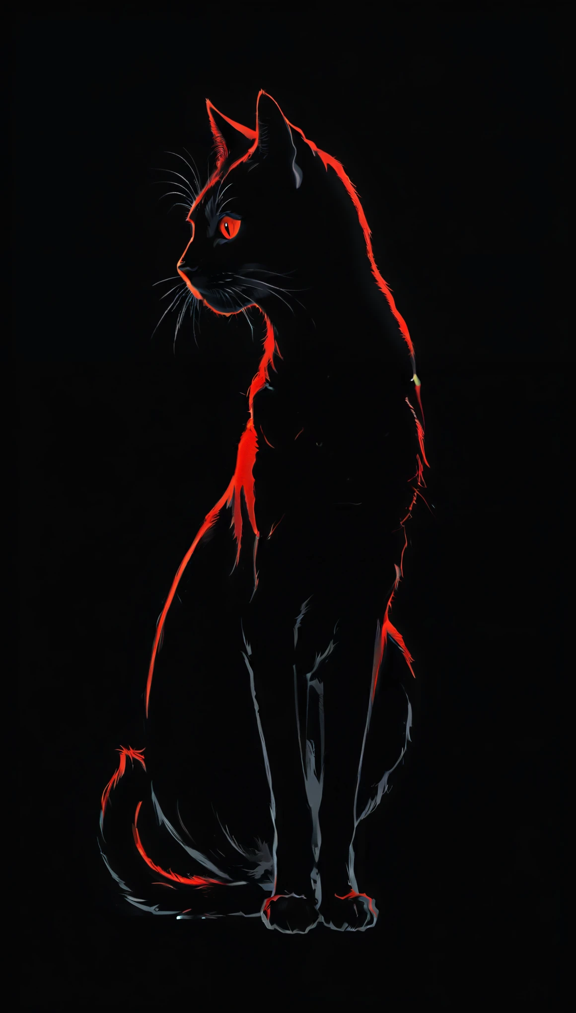 in style of Daniel Merriam,
Silhouette Art,line art drawing,a fine color lineart sketch of a elegant cat silhouette outline,(red and grey on black.:1.2),. professional,sleek,modern,minimalist,graphic,line art,vector graphics,high contrast,well defined,Silhouette Art,
(darkness:1.7),(very detailed shadows:1.5),detailed neon,close-up of the upper body,absolute shadows,(absolutely dark:1.8),(black silhouette:1.4),