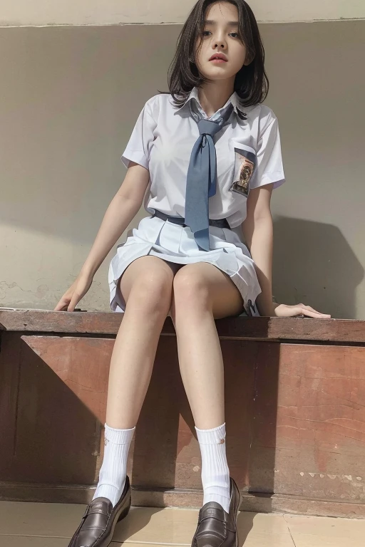 (masterpiece, best quality:1.2), (realistic,photo-realistic:1.4), RAW photo, highres, extremely detailed, intricate details, cinematic lighting, (angle from below), Indonesian face girl, wear skirt, Girl standing, open crossing leg, seeing panties on skirt, visible white panties, , (full body,loafers:1.5), large breasts, (fine fabric texture, white shirt, school bowtie, socks:1.2), detailed eyes, detailed face, fine-textured skin, pale skin.