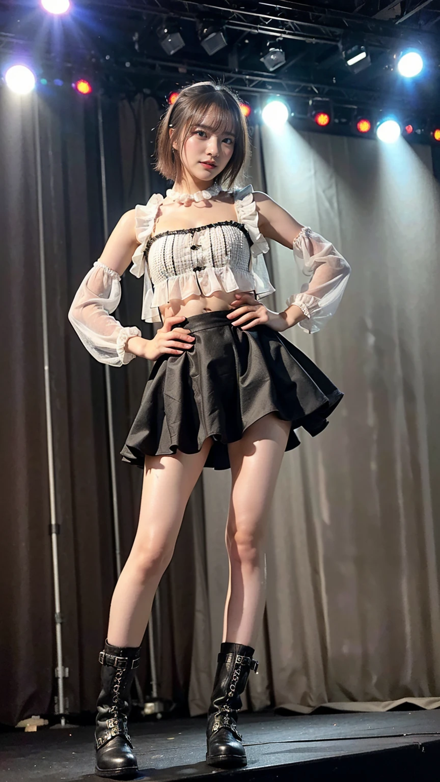 (8k、RAW Photos、highest quality、masterpiece:1.2)、(Realistic、Realistic)、1 girl、((Frilled mini skirt、Large Breasts、Black and white、See-through、belly button、boots、Sleeveless、stage、Spotlight、View from the front、Standing with hands on hips))、
