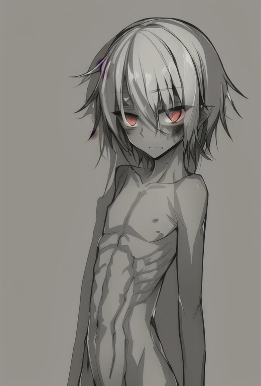 high quality，Zombie boy，nude，emaciated，rib cage，Chest muscles，Abdominal muscles，belly button，Standing，shy，Soft background