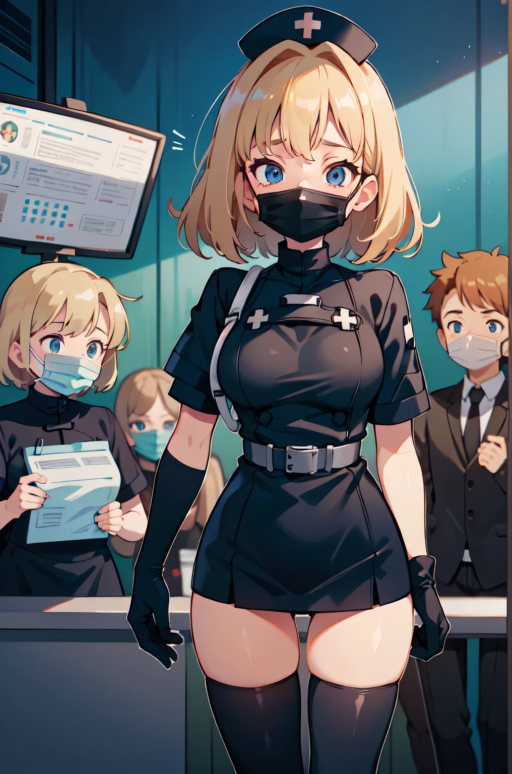 black nurse, 1woman, solo, black nurse cap, black nurse uniform, ((black legwear, zettai ryouiki)), black elbow gloves, blonde hair, blue eyes, ((black surgical mask, covered nose)), standing, ((surgery room)), sharp outline, short sleeves, mature female, 35 years old, best quality, masterpiece