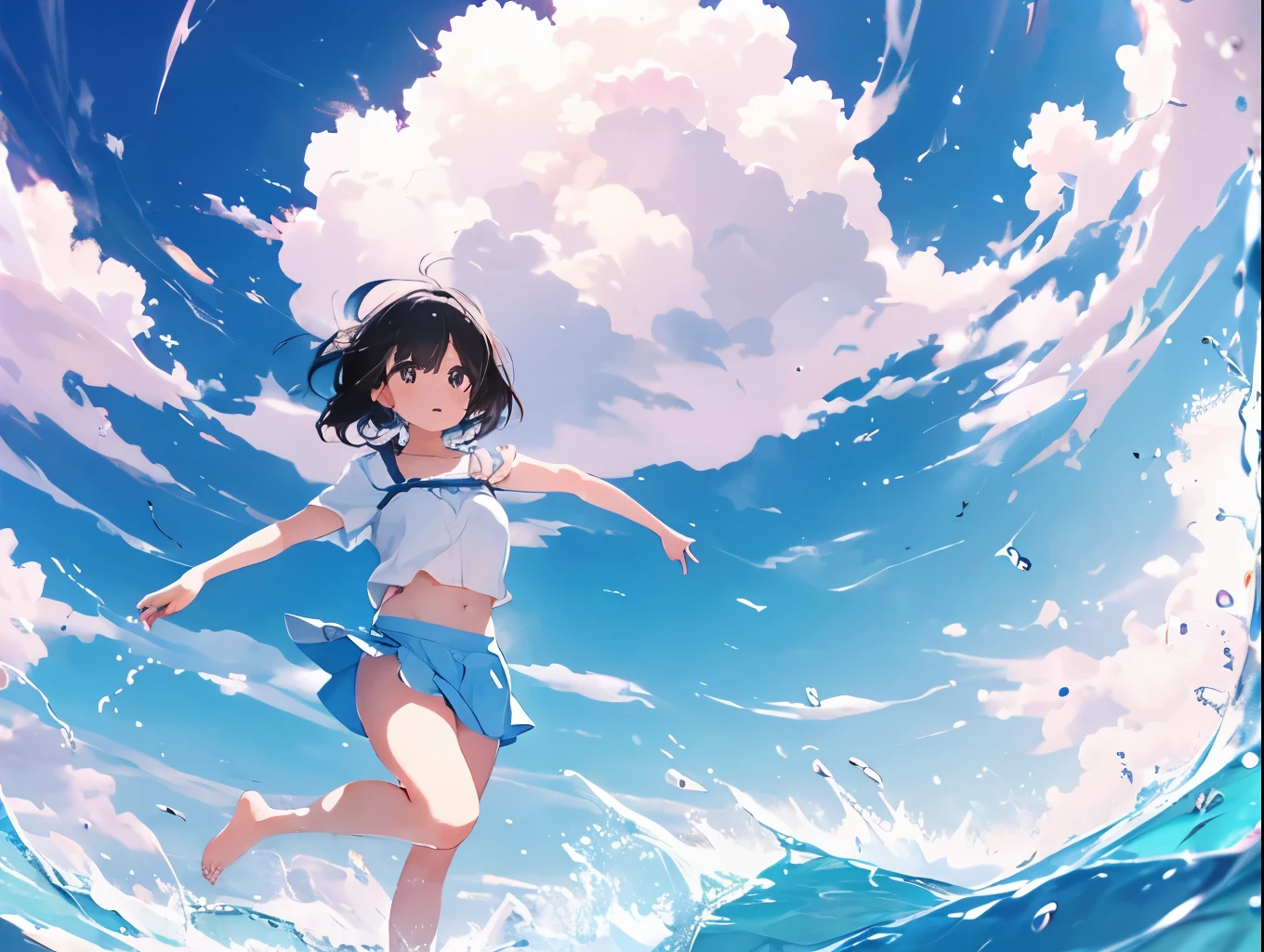 Short bob girl、A light blue bra clinging to a pure white dress shirt、A light blue mini skirt with cute white shorts that are lifted up、barefoot、Sandy beach, cumulonimbus clouds and blue sky、Low angle from directly below