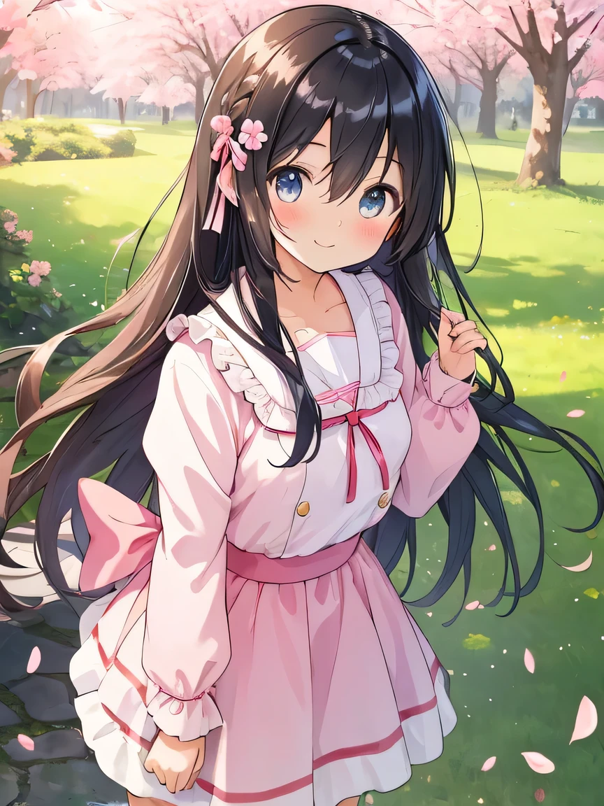 ((masterpiece)), ((best quality)), (ultra-detailed), ((kawaii)), cute, (lovely), illustration, anime style, a cute girl, solo, beautiful black hair, long hair, detailed hair, hair between eyes, (beautiful eyes), outdoors, wind blowing, hair ribbon, standing, smile, sakura petals, serene expression, sunlight, nature, vibrant colors, background scenery, high detail, dynamic pose, elegant, glossy hair, hair ornament, hair strands, subtle blush, realistic shading.