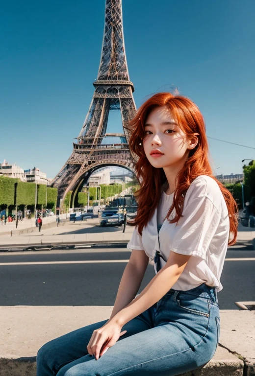 1 girl, sitting on the bench, frente, ((black eyes)), (((perfect eye))), (((redhead))), usando top curto e colado branco, short skinny jeans, in a stunning setting, torre eiffel on the ground in the background, beautiful city, fim de tarde, live lighting, cores vivas, (((no cars))), ((Eiffel tower))