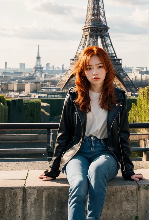 1 girl, sitting on the bench, frente, ((black eyes)), (((perfect eye))), (((redhead))), usando top curto e colado branco, short skinny jeans, in a stunning setting, torre eiffel on the ground in the background, beautiful city, fim de tarde, live lighting, cores vivas, (((no cars))), ((Eiffel tower))