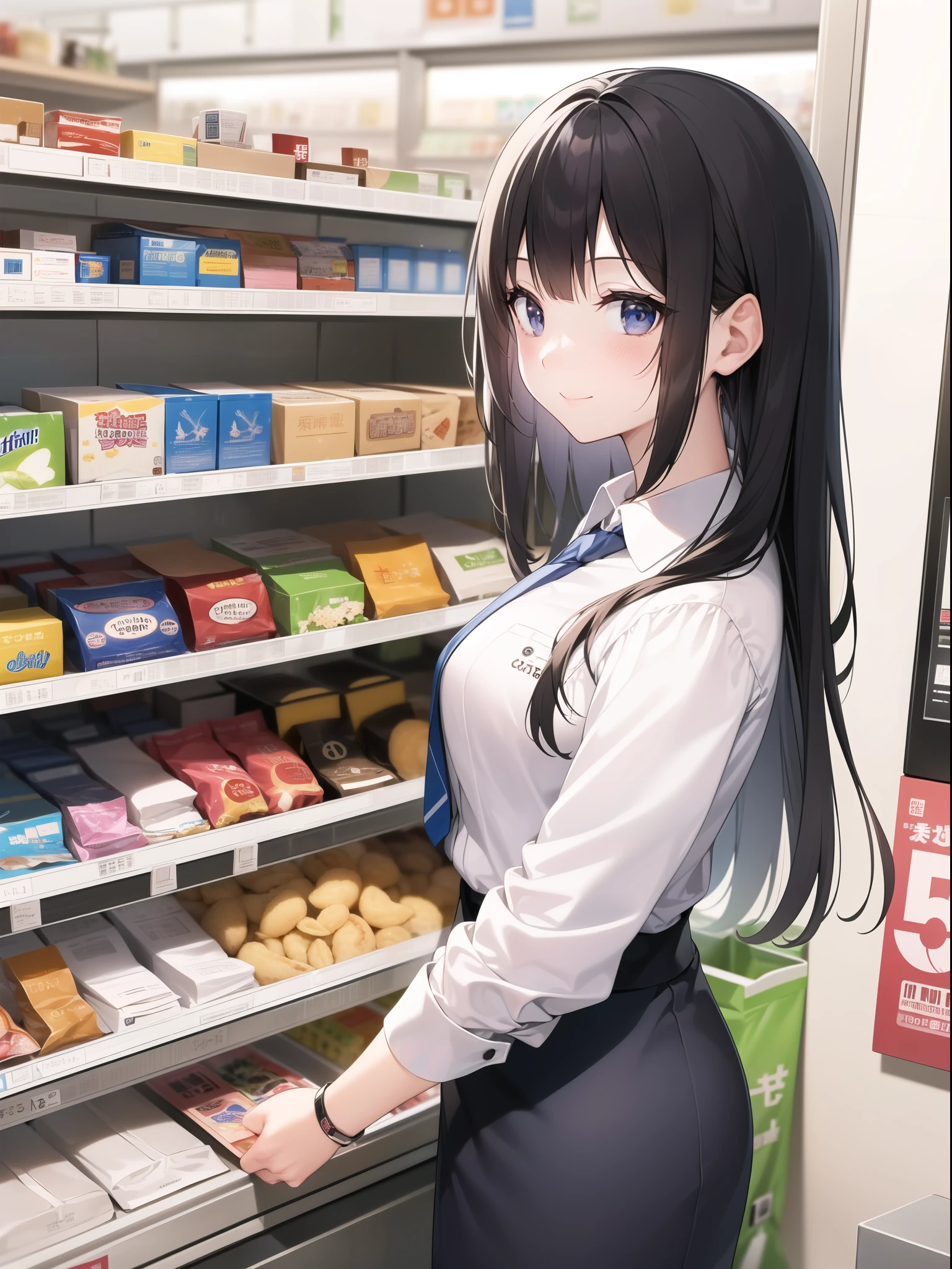 A young woman in a convenience store uniform stands behind the counter、Smiling as he hands the customer a receipt。The inside of the store is bright、Snacks in the background、drink、You can see the shelves with other products.。The cashier、White shirt with the store logo and striped tie、Wearing a name tag。Everyday scenes from a modern convenience store、It has a friendly and welcoming atmosphere.。