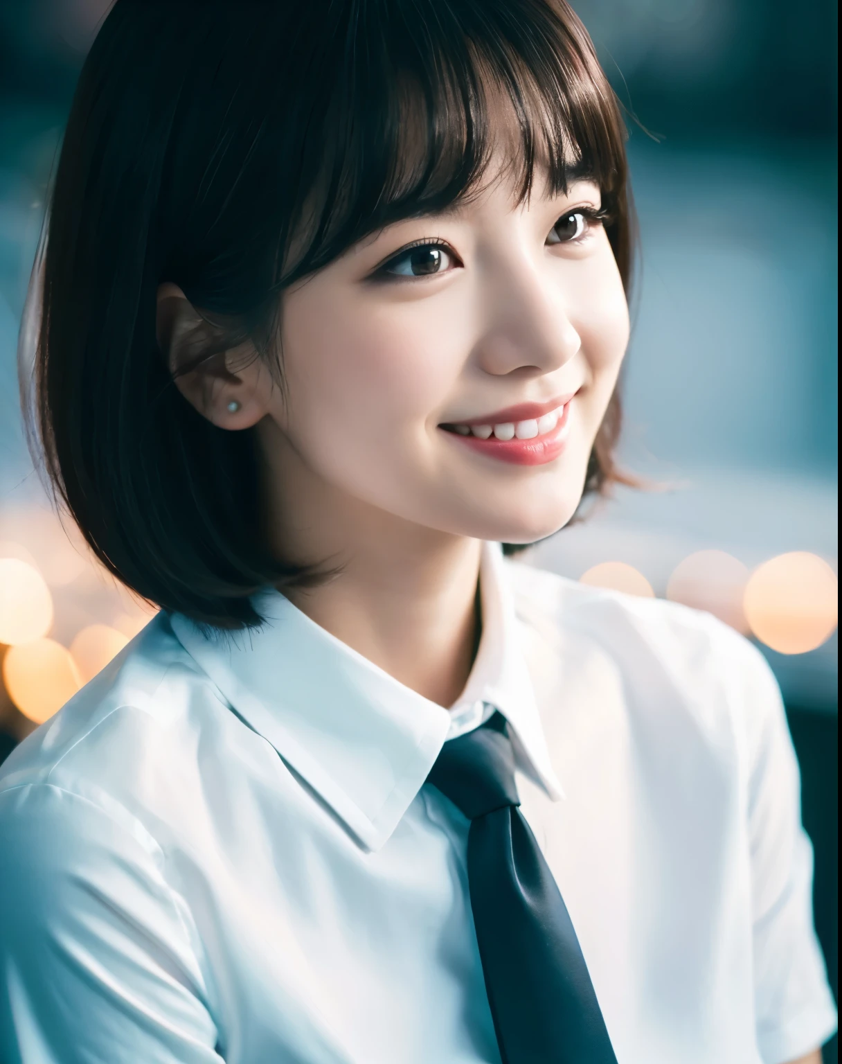 (8k, best quality, masterpiece:1.2), (realistic, photo-realistic:1.37), ultra-detailed, 1 girl,cute, solo,beautiful detailed sky,detailed cafe,night,sitting,dating,(nose blush),(smile:1.15),(closed mouth) small breasts,beautiful detailed eyes,(collared shirt:1.1), night, wet,business attire, rain,white lace, (short hair:1.2),floating hair NovaFrogStyle,