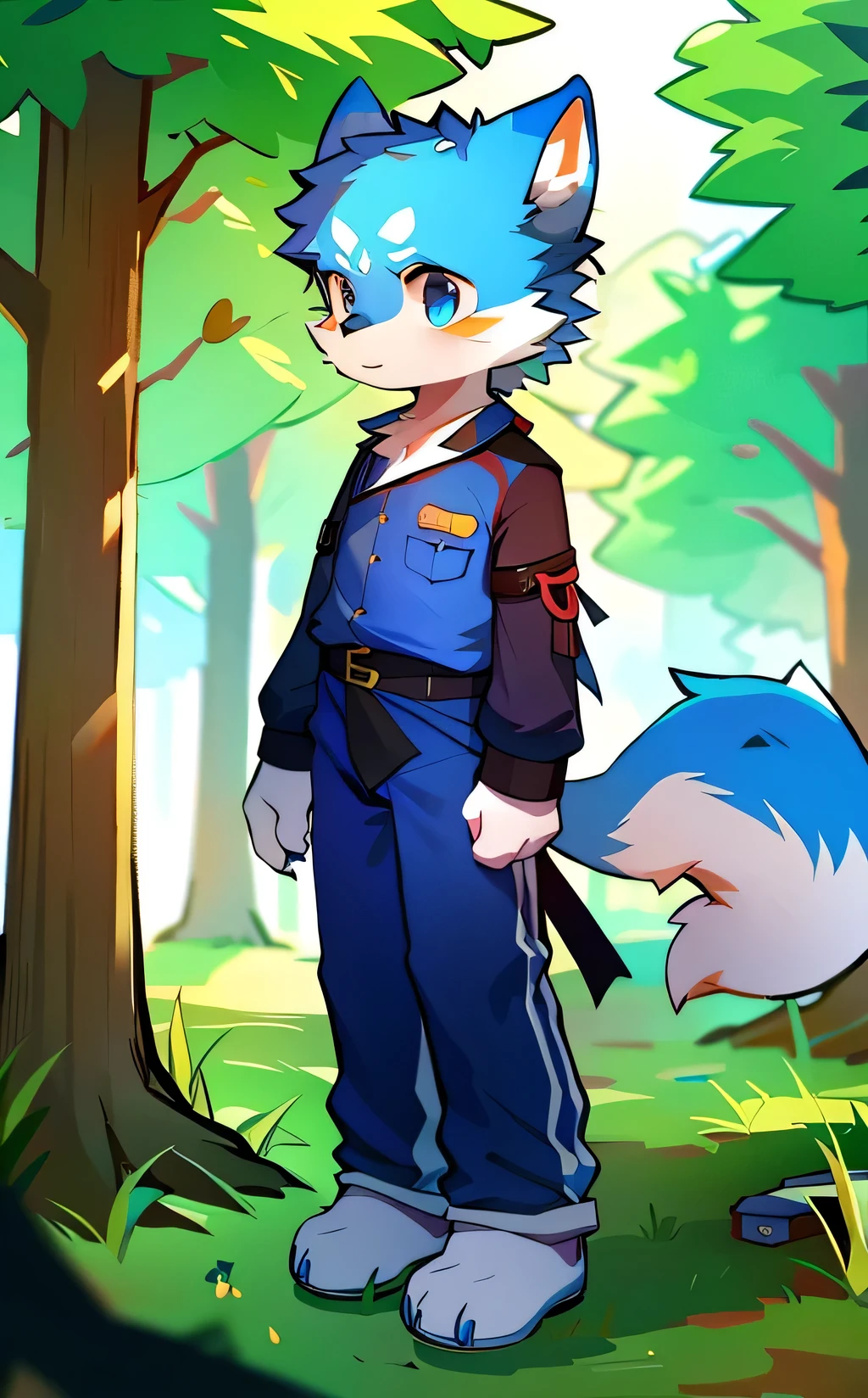 Blue fur, Canine, fox motif, boy, uniform,tall,Age is 15 years old,
