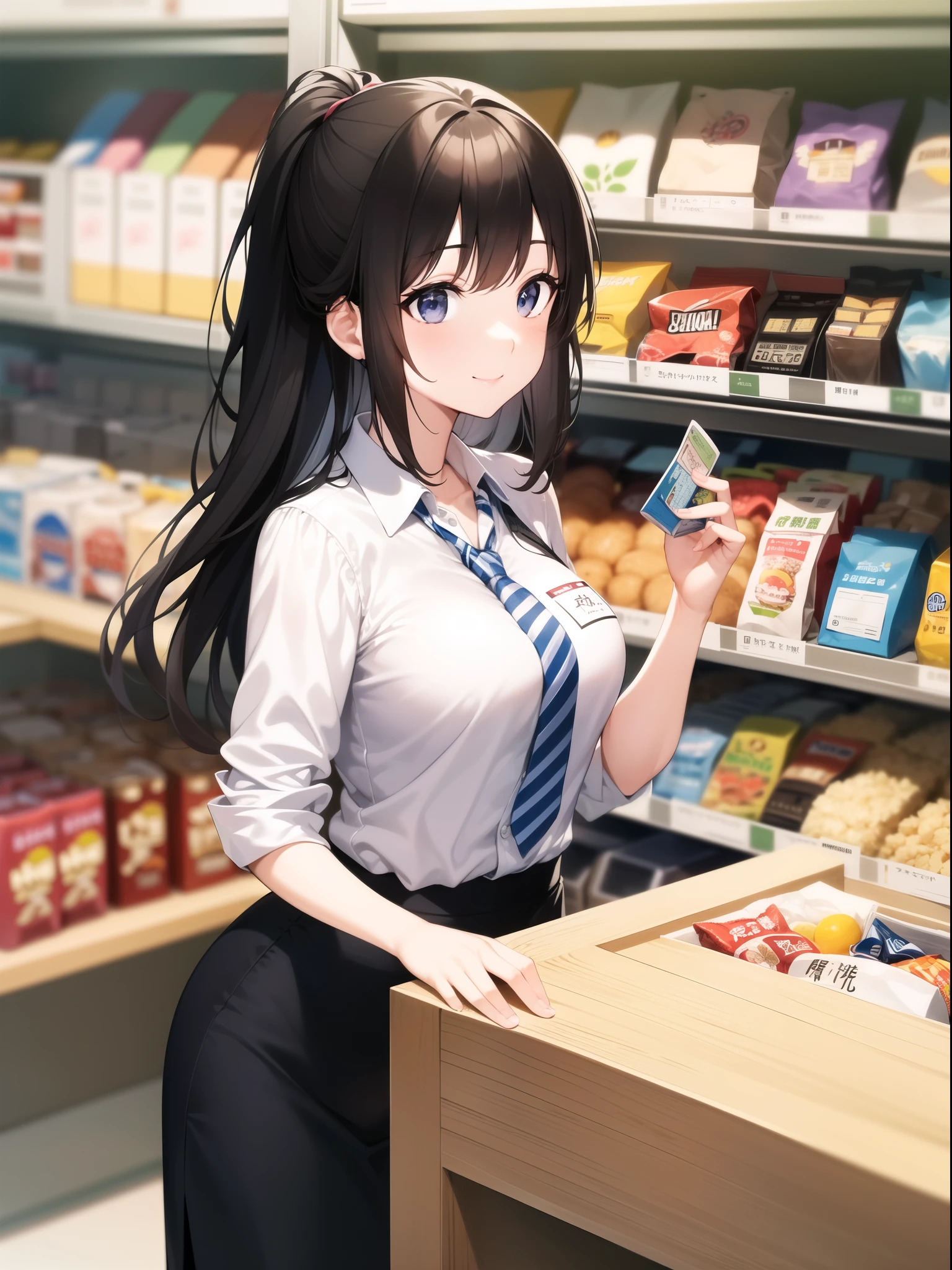 A young woman in a convenience store uniform stands behind the counter、Smiling as he hands the customer a receipt。The inside of the store is bright、Snacks in the background、drink、You can see the shelves with other products.。The cashier、White shirt with the store logo and striped tie、Wearing a name tag。Everyday scenes from a modern convenience store、It has a friendly and welcoming atmosphere.。