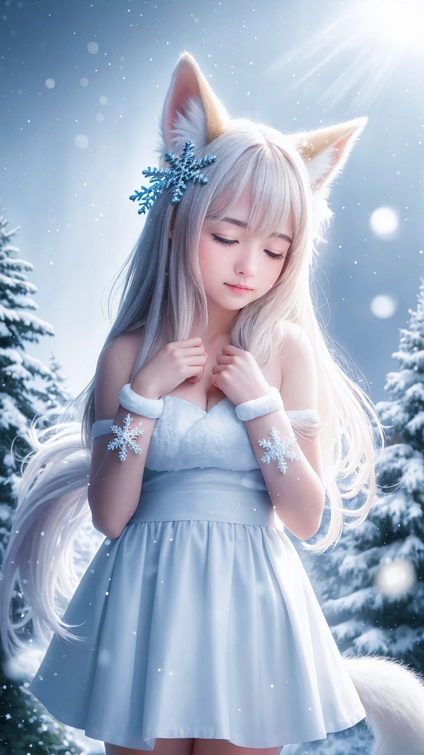 (Raw photo:1.2), (Realistic:1.4), (highest quality:1.4), (超A high resolution:1.2), (Very detailed:1.3), (nffsw:1.2), (Cinematic lighting:1.3), (eye), (Yuki:1.2). ), Cute fox, Are standing, (3/4. Portrait: 1.2), (Hairy tail: 1.2), (Soft fur: 1.2), (Cute: 1.2), (Gazing at the audience), (Innocent look), (Soft Light), (dreamy), (dream: 1.3), (Ethereal: 1.3), (magic: 1.2), (Snowflake: 1.2), (Winter Wonderland: 1.3), (Whimsical: 1.2), (fun: 1.2), bust, alone