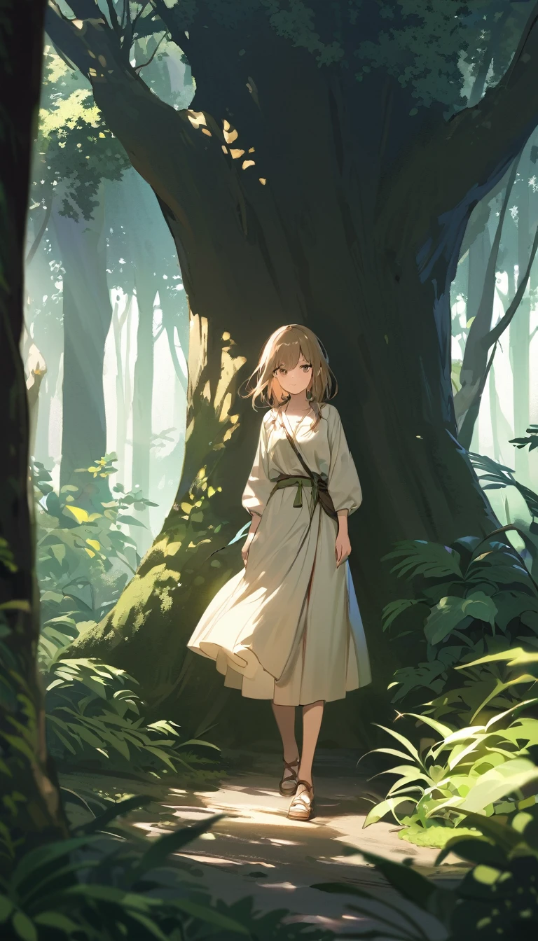"A young girl is pictured in her natural jungle environment. She wears simple, practical clothing suited to life in the forest. Her hair is loose and disheveled, showing a connection with nature. The girl exudes an expression of determination and confidence, reflecting its adaptation to the wild environment. The lush vegetation around highlights its serene and harmonious presence with the jungle. The light filtered through the treetops creates a play of shadows and lights, adding depth and mystery to the scene."