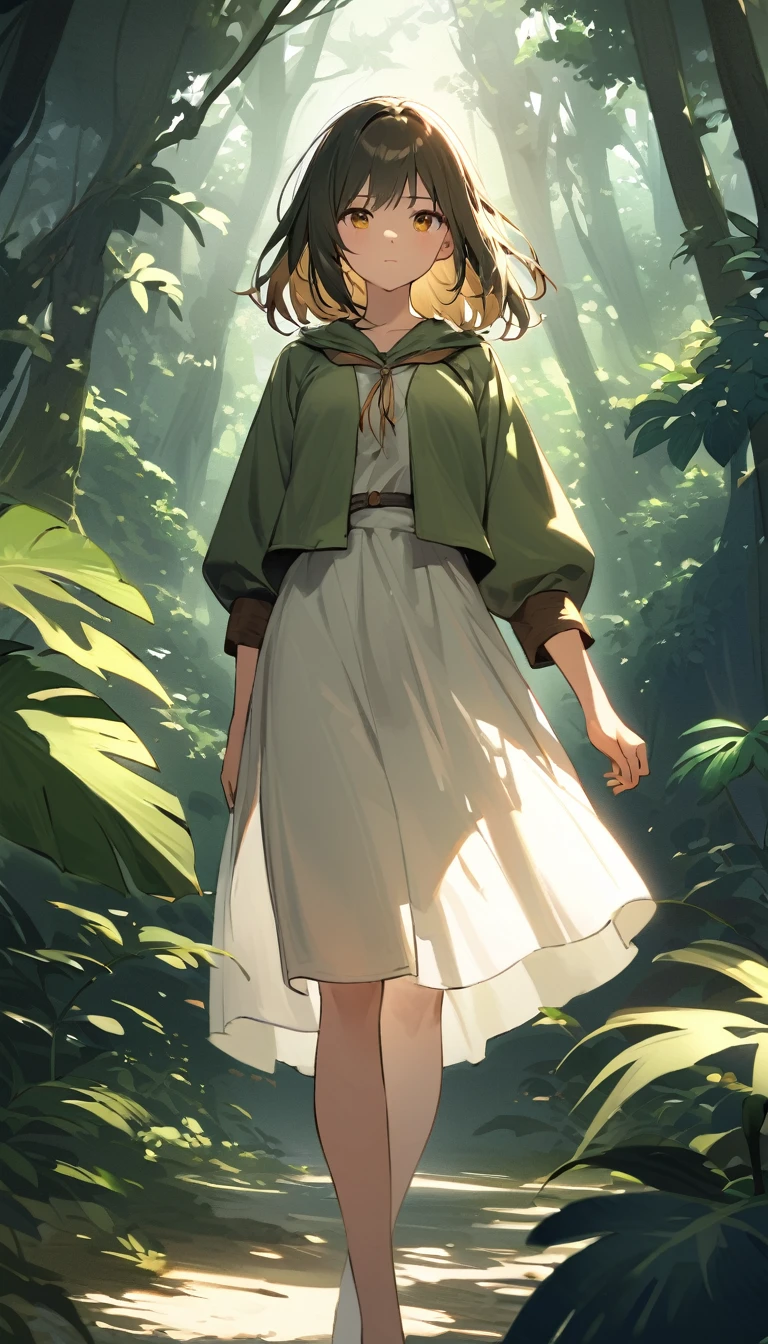 "A young girl is pictured in her natural jungle environment. She wears simple, practical clothing suited to life in the forest. Her hair is loose and disheveled, showing a connection with nature. The girl exudes an expression of determination and confidence, reflecting its adaptation to the wild environment. The lush vegetation around highlights its serene and harmonious presence with the jungle. The light filtered through the treetops creates a play of shadows and lights, adding depth and mystery to the scene."
