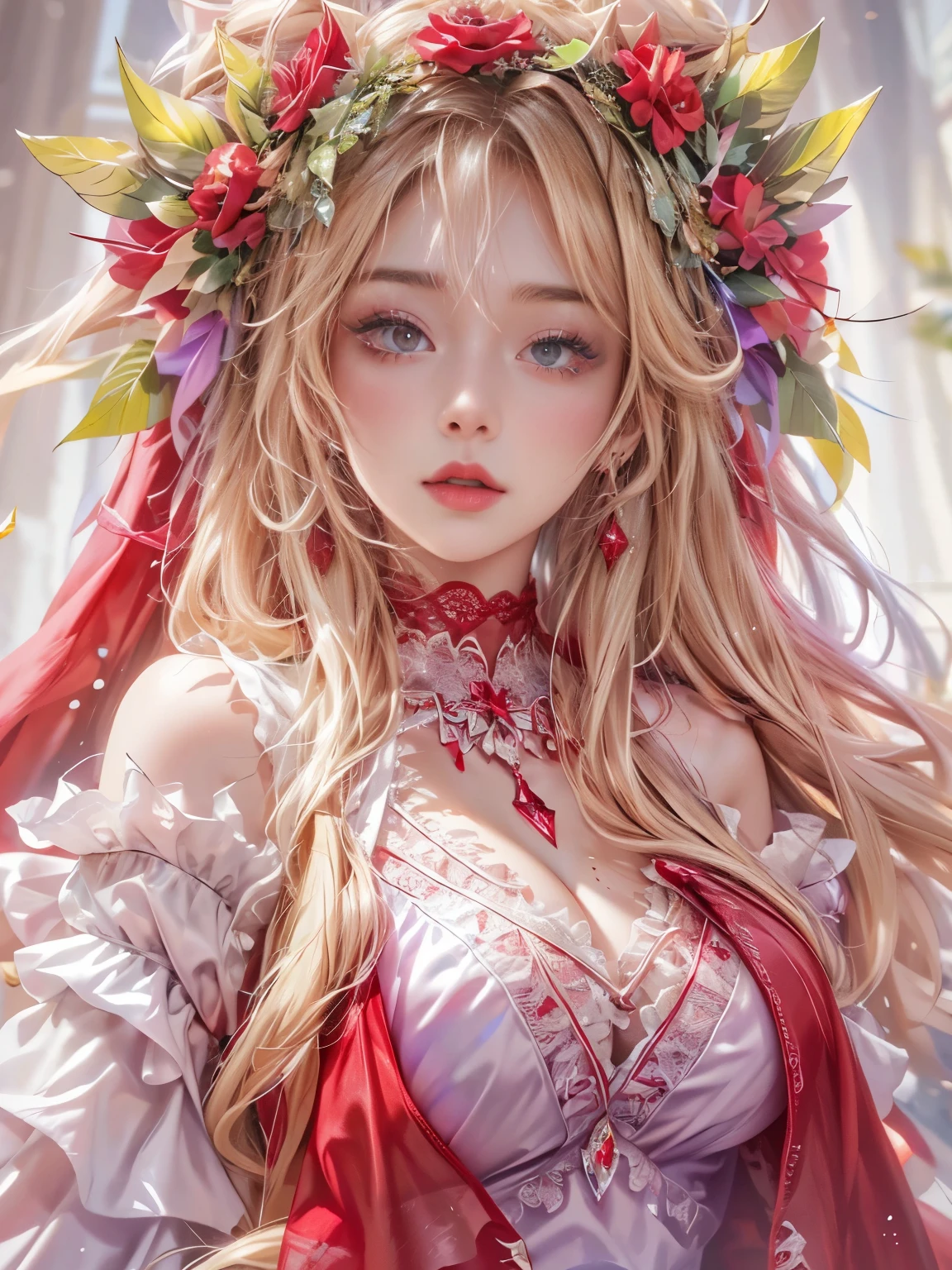 Ultra-high resolution, highest quality, photograph, 4K, (Realistic:1.4), Girl with a wreath on her head, Long Blonde Hair, Big firm Breasts, hard nipples, Sexy, Sharp Eyes, Break, dynamic sexy poses, sweat, wearing (red:1.2) see-through long frilly dress, lace long cape, jewelries, cleavage is exposed, Add light purple and purple, Add Light Red, Intricate details, Splash screen,