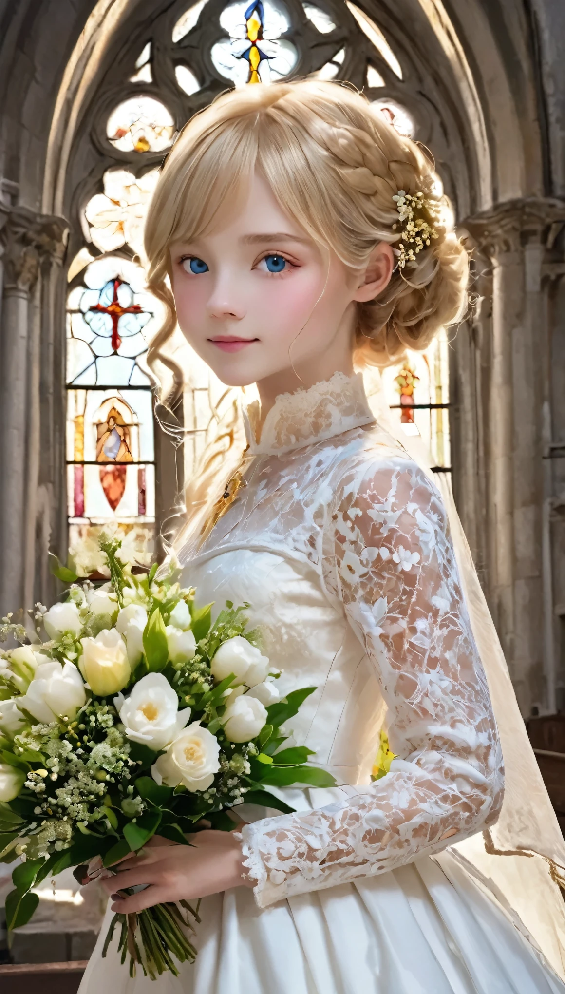 (((old church background:1.3、Historical Stained Glass)))、highest quality, Masseter muscle area, High resolution, One albino boy))), 16 years old,(((The eyes are white:1.3)))、Smiling Kindly:0.2、White Wedding Dress、((Pale pink lace pattern:1.3、White Block Dress、Very delicate and detailed embroidery、Golden artistic embroidery)), have a bouquet、bouquet、Tyndall effect, Realistic, Shadow Studio, Dual Tone Lighting, (Skin with attention to detail: 1.2)、薄Dim lighting、Dim lighting、 Digital single-lens reflex camera, photograph, High resolution, 4K, 8k, Background Blur,Beautiful fade out、White world、White Background