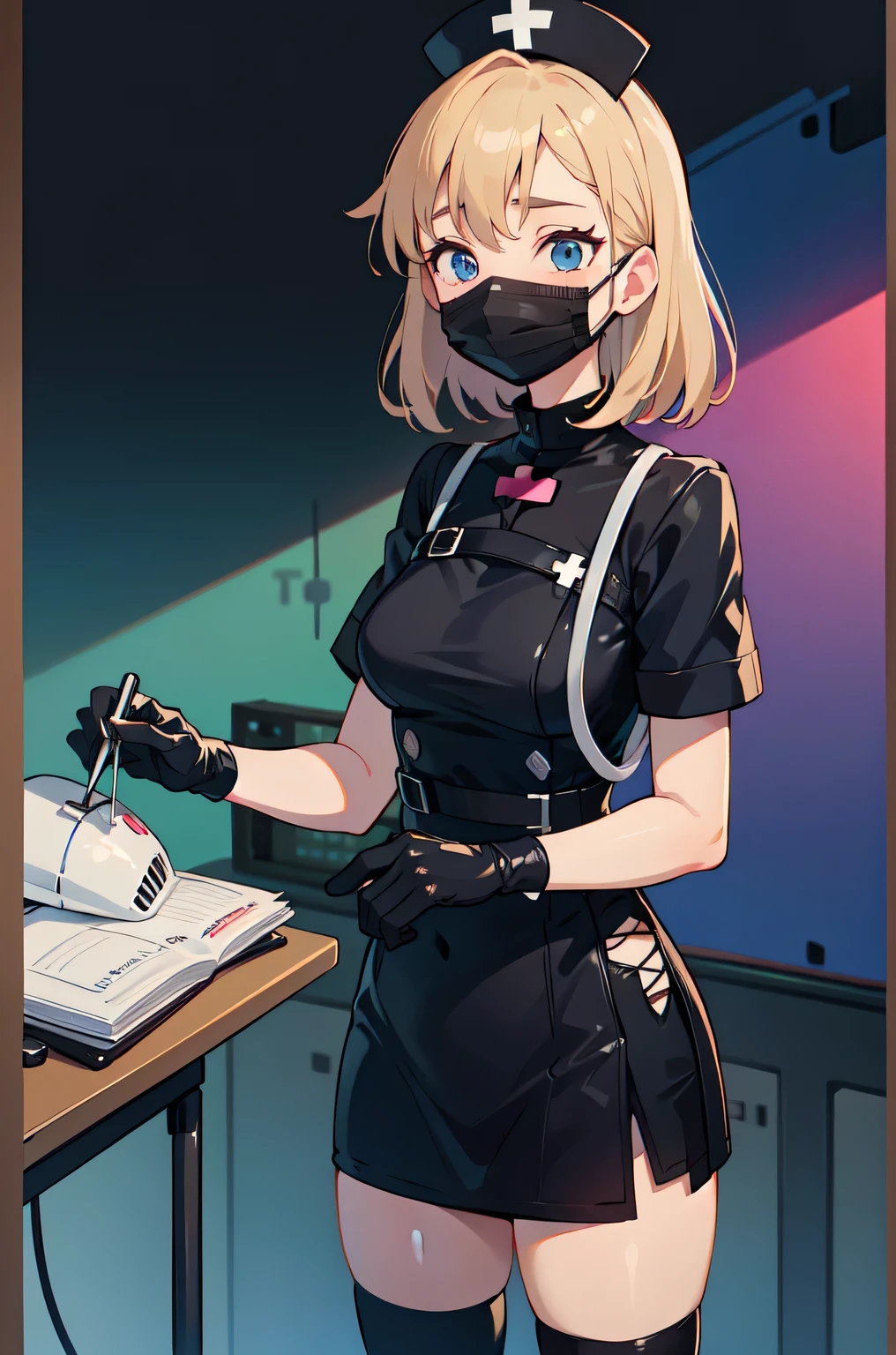 black nurse, 1woman, solo, black nurse cap, black nurse uniform, ((black legwear, zettai ryouiki)), black elbow gloves, blonde hair, blue eyes, ((black surgical mask, covered nose)), standing, ((surgery room)), sharp outline, short sleeves, mature female, 35 years old, best quality, masterpiece